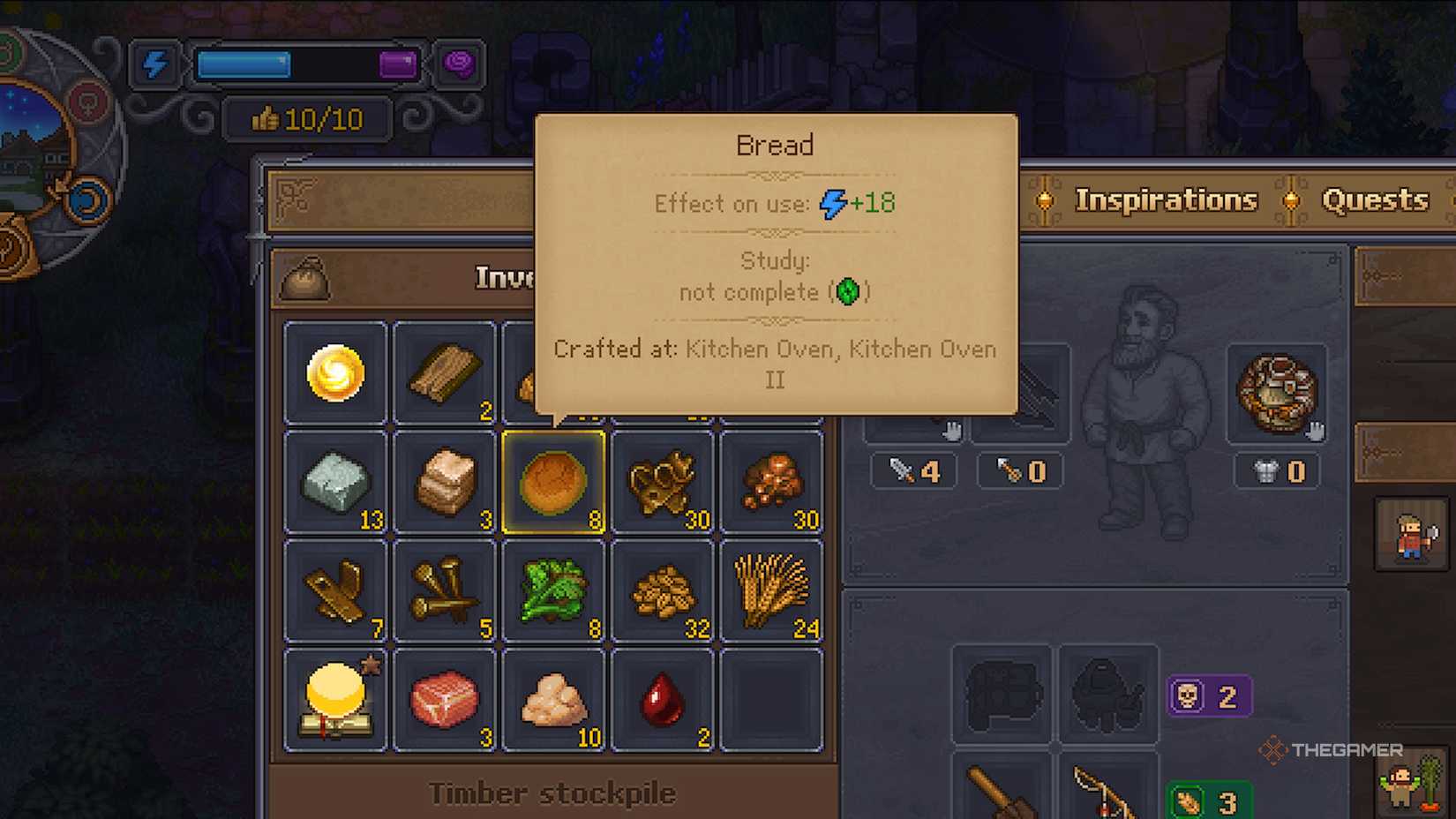 Bread in Inventory showing the effects in Graveyard Keeper 2