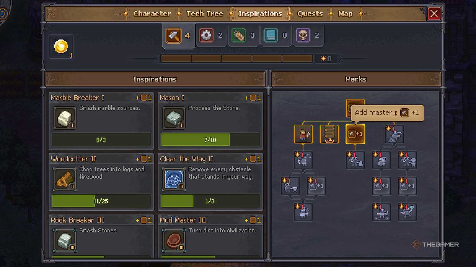 Graveyard Keeper 2 Inspirations Screen showing the building perks