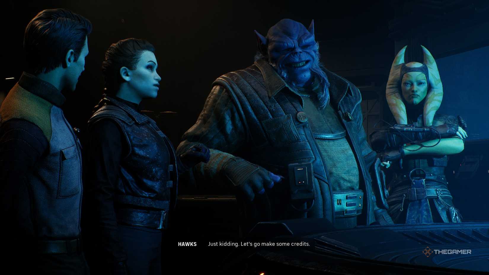 Hawks and the Zero Company squad stood around the holotable, as Hawks says 'Let's go make some credits'