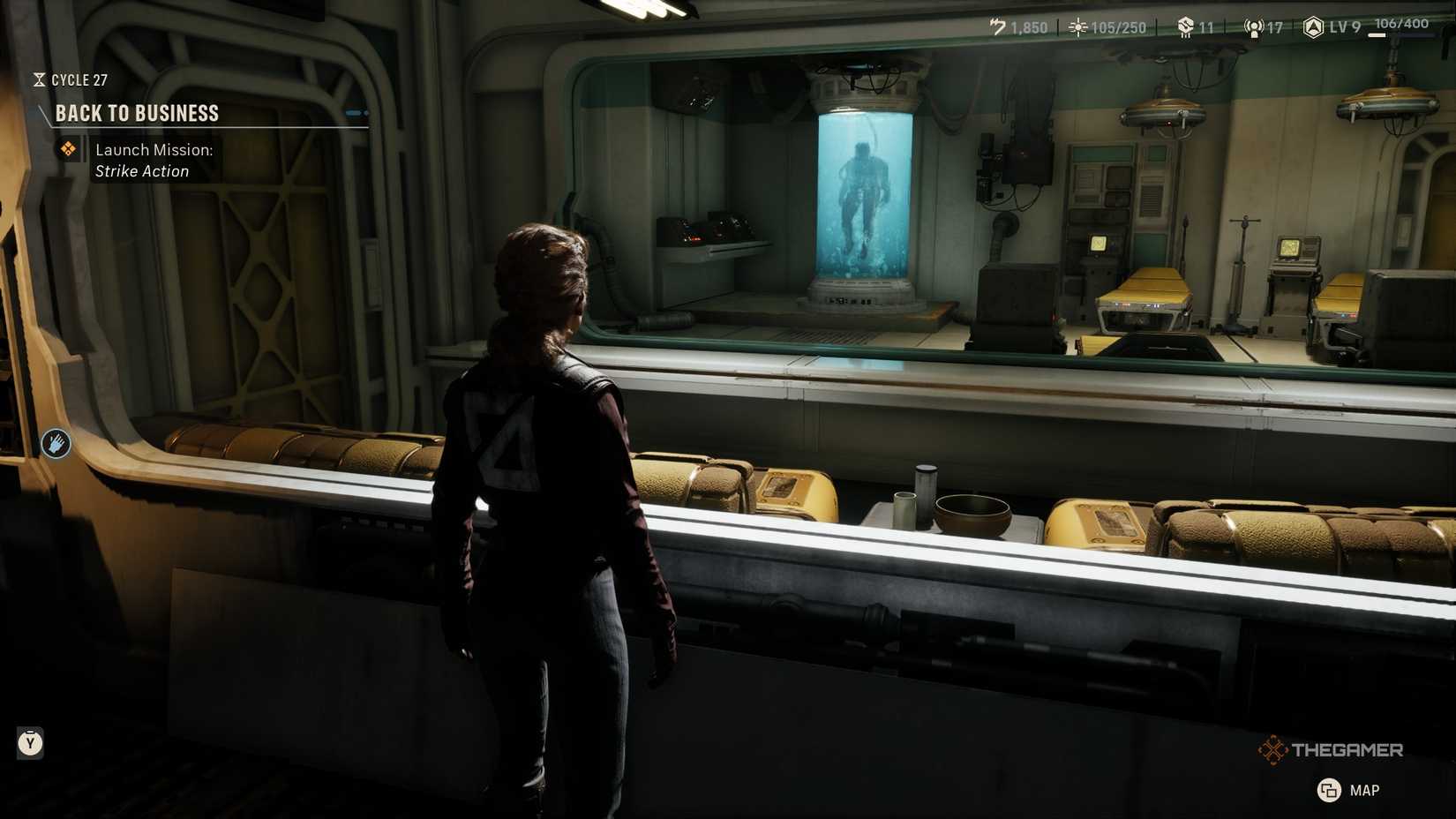 Hawks looking into the medical bay in Star Wars Zero Company. We can see that a man, Trick, is inside a bacta tank
