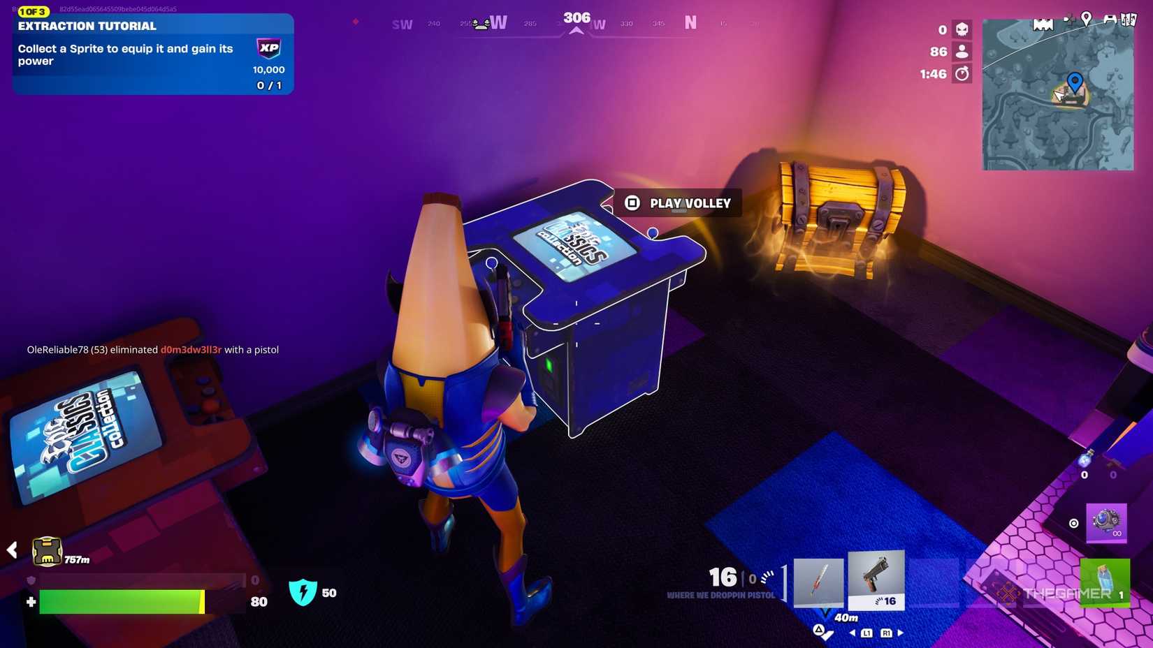 looking down at a volley arcade cabinet in fortnite.