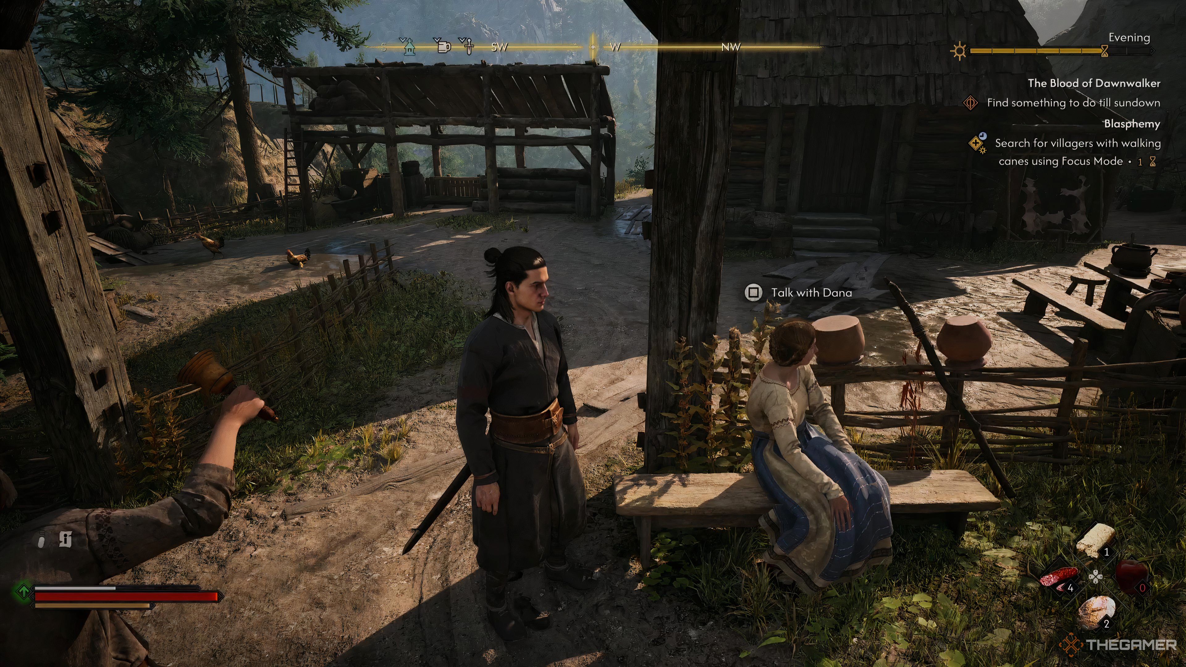 Coen standing next to a woman sitting with a cane in The Blood of Dawnwalker.