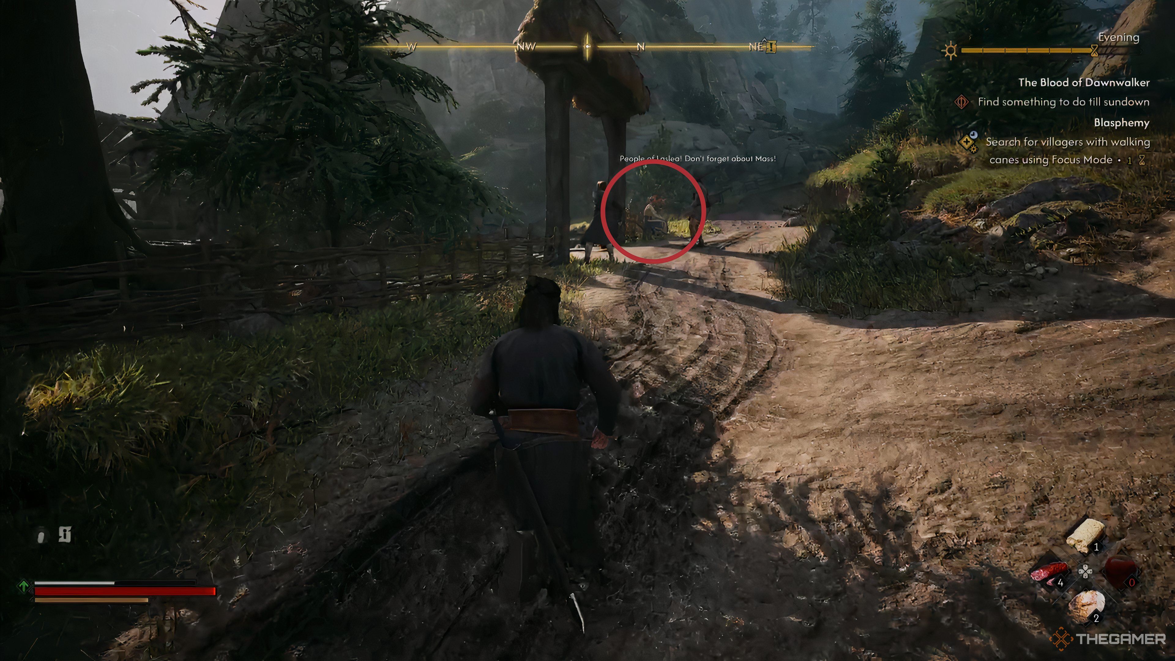 A red circle around a woman sitting on a bench with a cane in The Blood of Dawnwalker.
