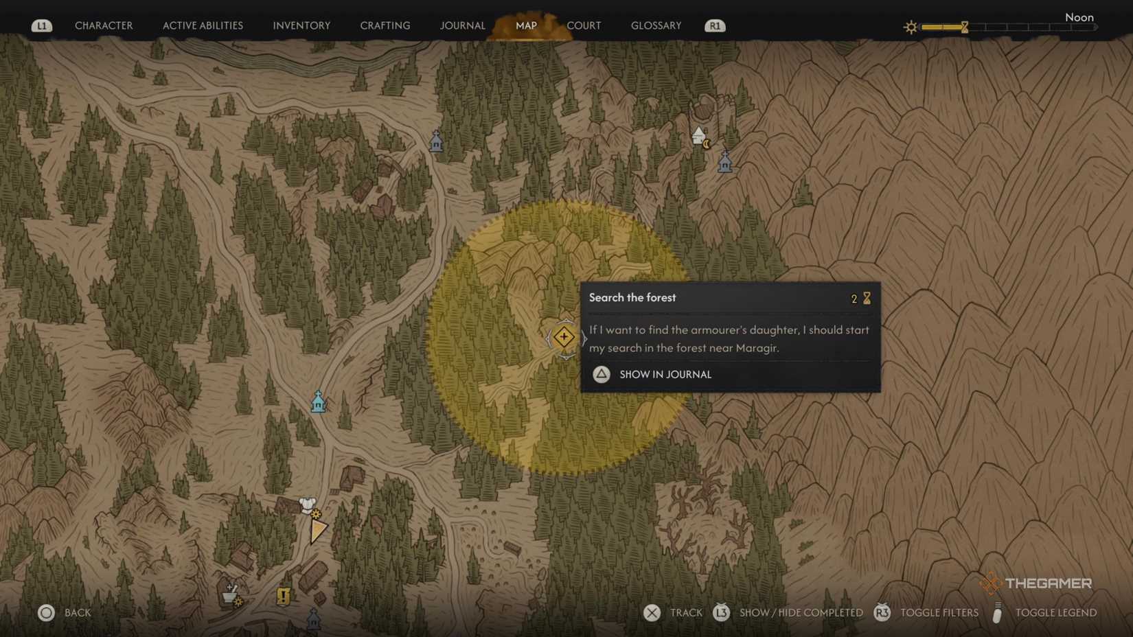 A map view of the search radius for the Star-Crossed Lovers quest in The Blood of Dawnwalker.