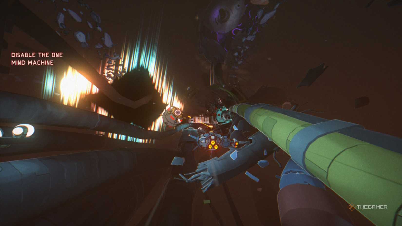 Maki and Omura's ship flying through space and shooting at rocks in Orbitals.