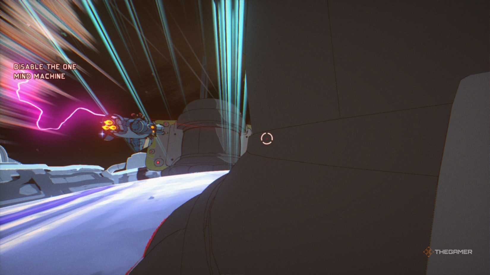 Maki and Omura flying around spinning mechanisms in Orbitals.