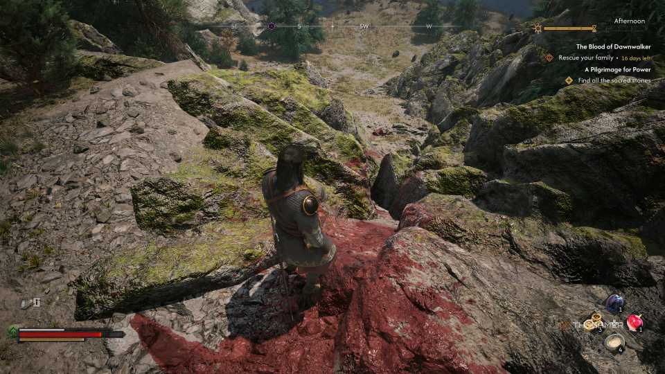 Coen looking down at a corpse that fell off a cliff in The Blood of Dawnwalker.