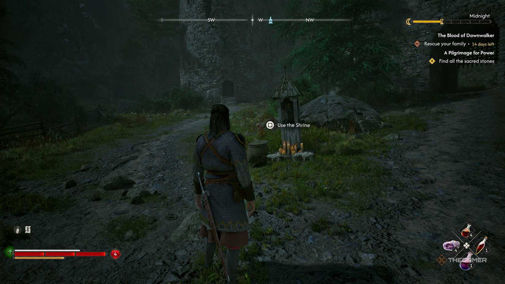 Coen standing in front of a shrine in The Blood of Dawnwalker.