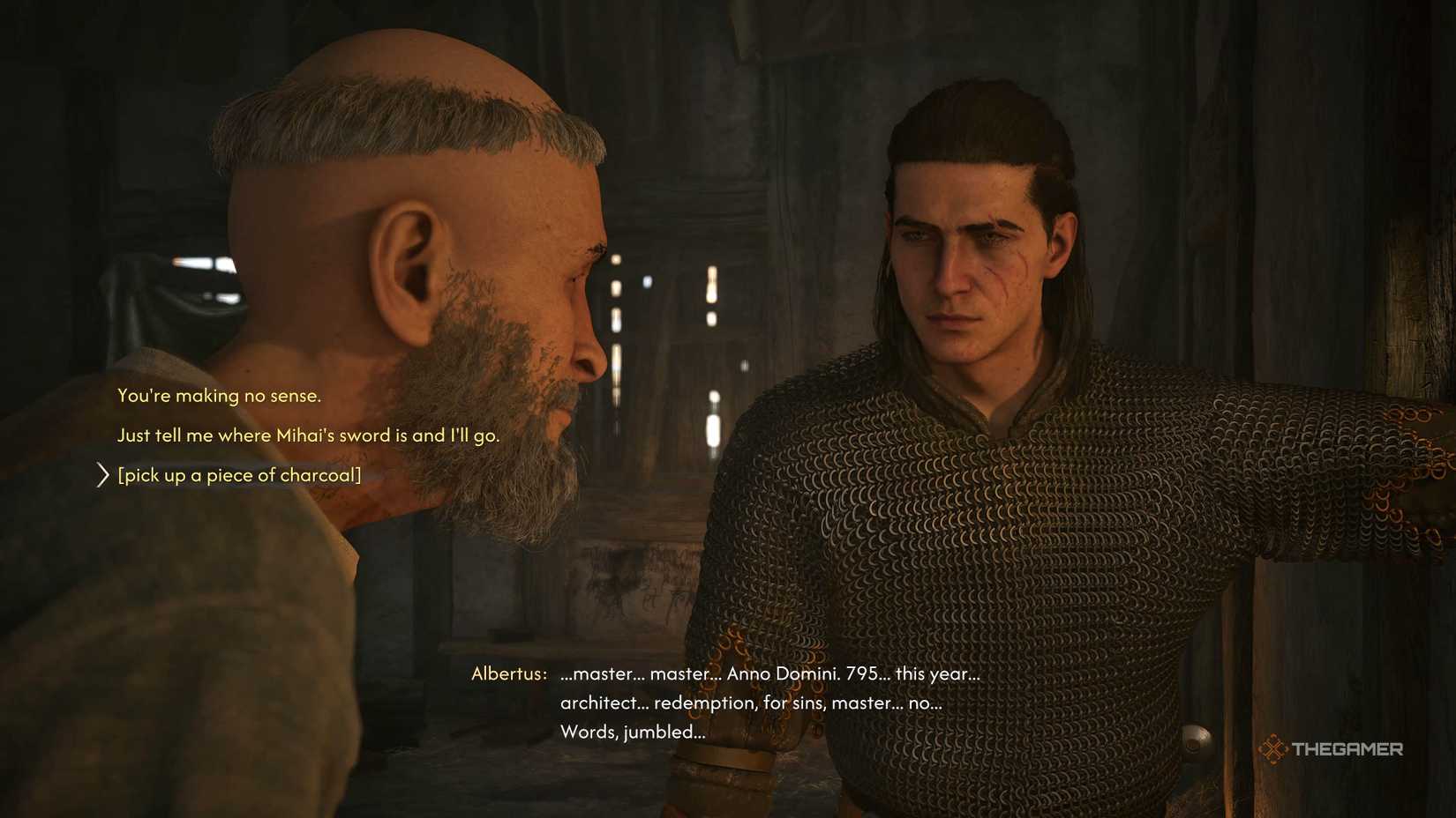 Coen speaking with Albertus while he rambles in The Blood of Dawnwalker.
