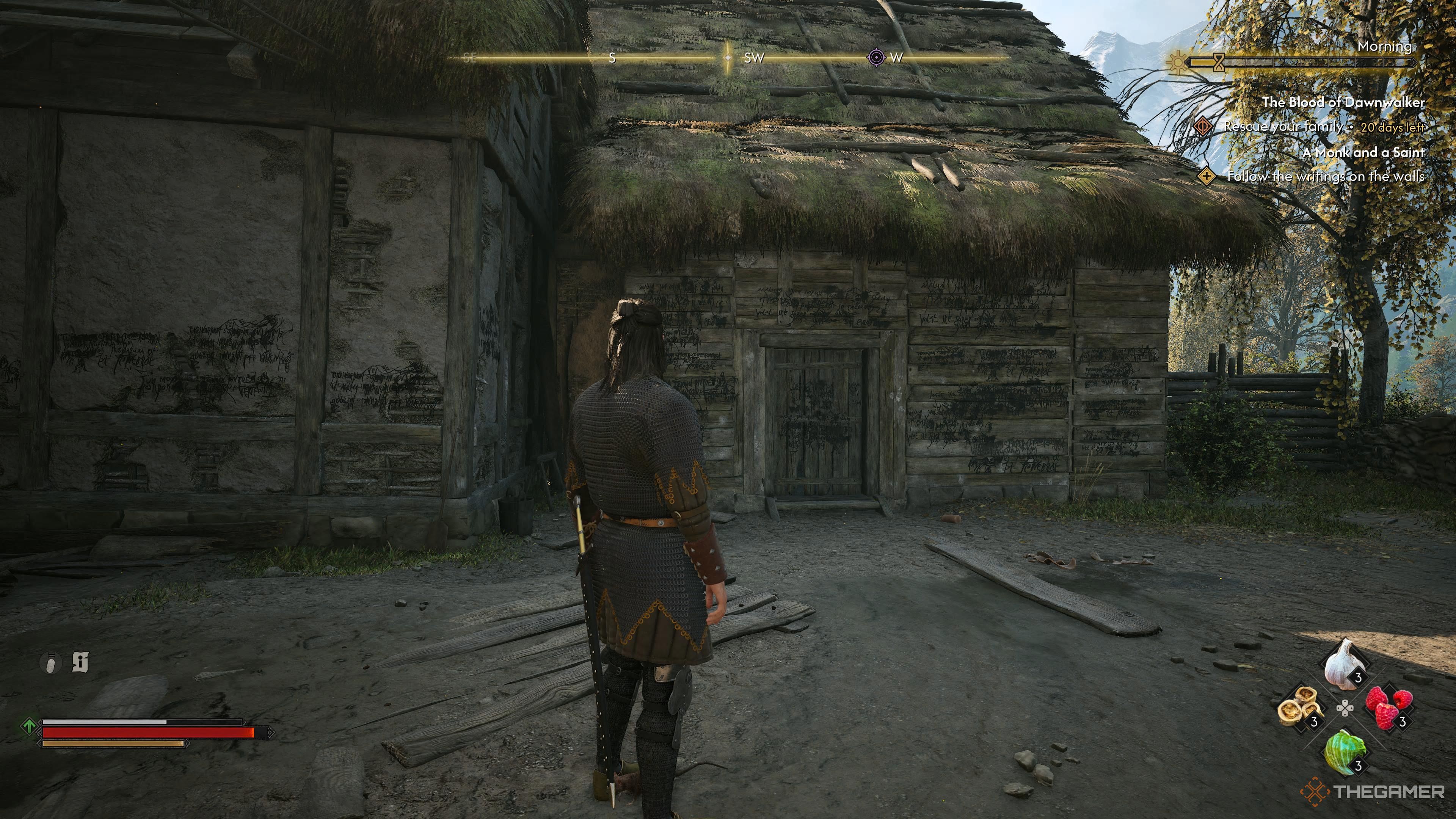 Coen looking at Albertus' house covered in writing in The Blood of Dawnwalker.