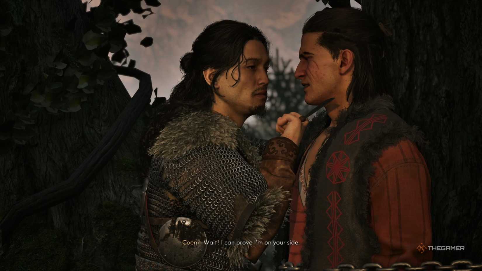 Crake holding a knife to Coen's throat in The Blood of Dawnwalker.