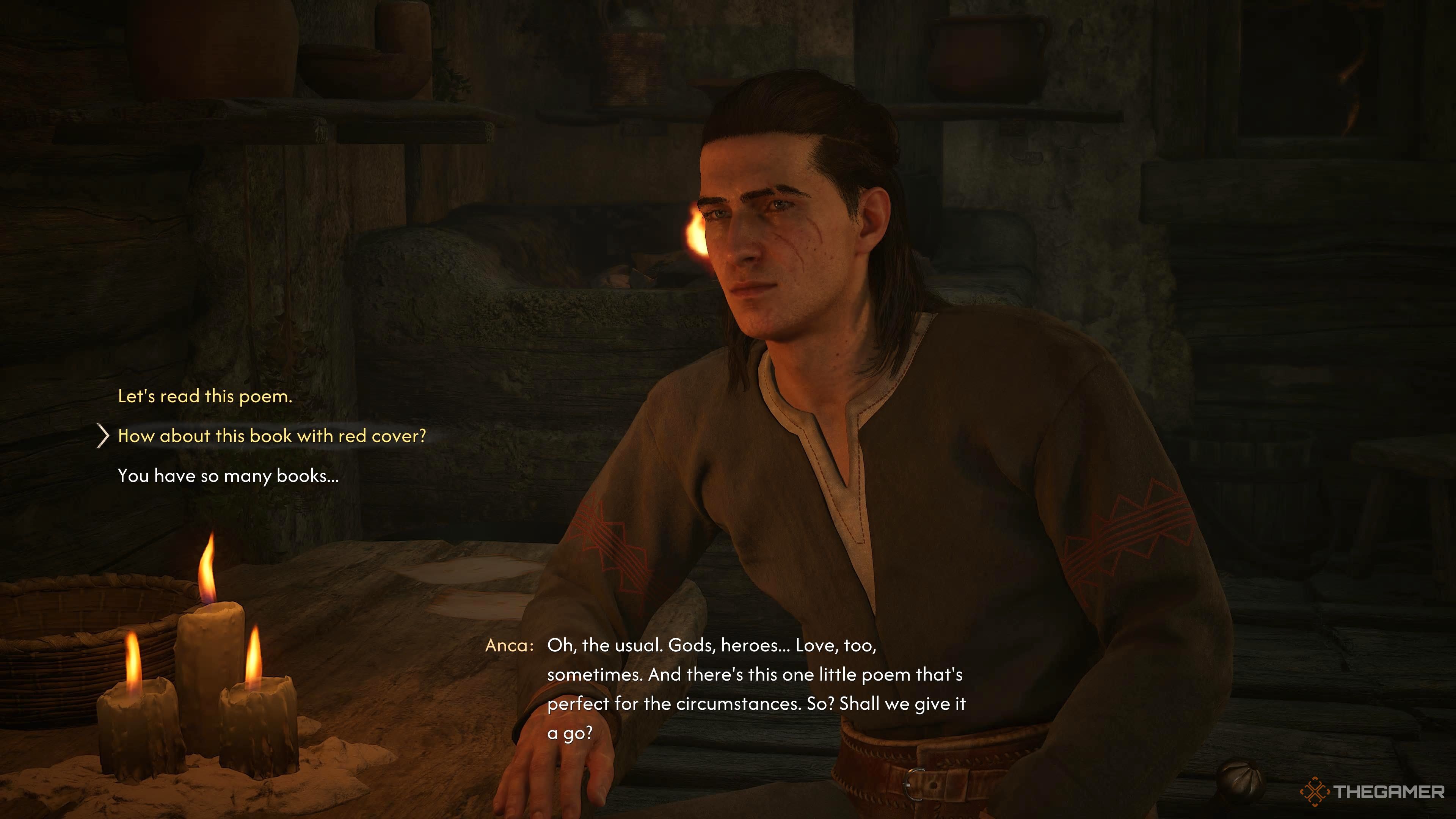 Coen asking about a red book in The Blood of Dawnwalker.