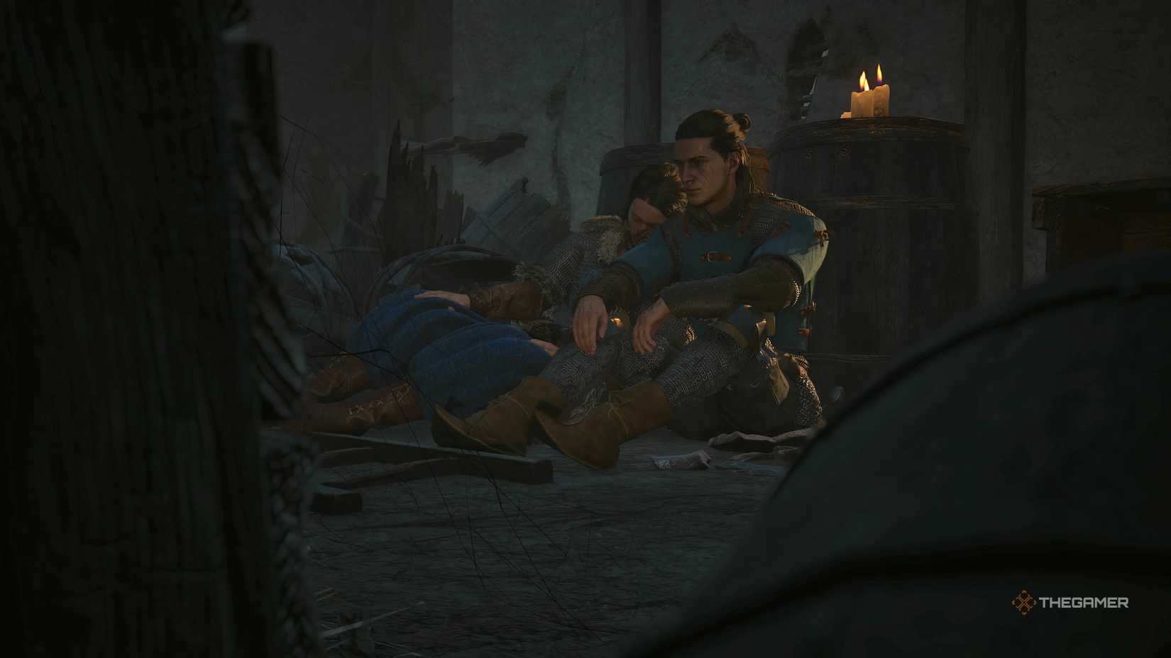 Crake leaning on Coen's shoulder while sleeping in The Blood of Dawnwalker.