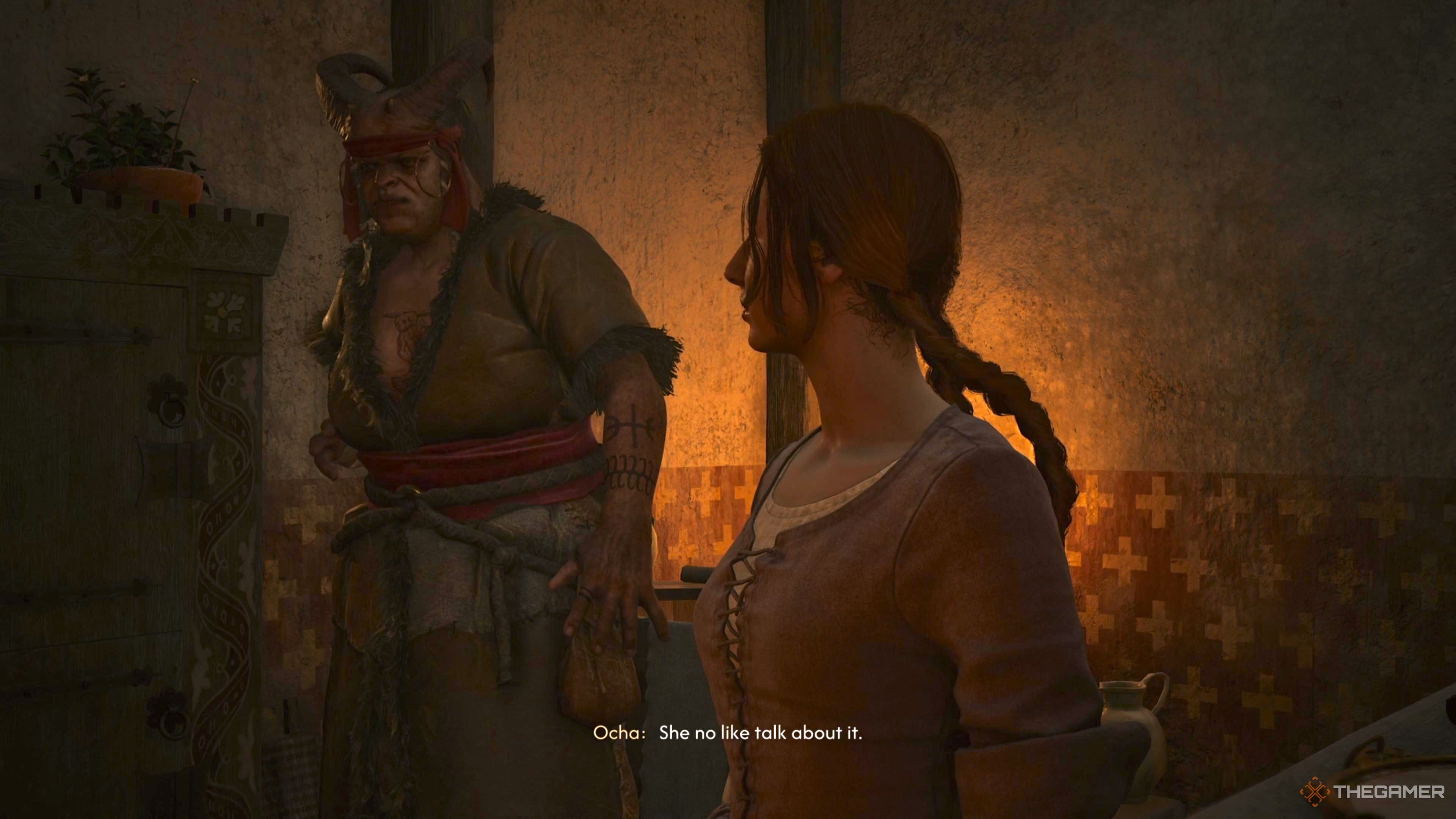 Ocha and Nora standing in a room in the pub in The Blood of Dawnwalker.