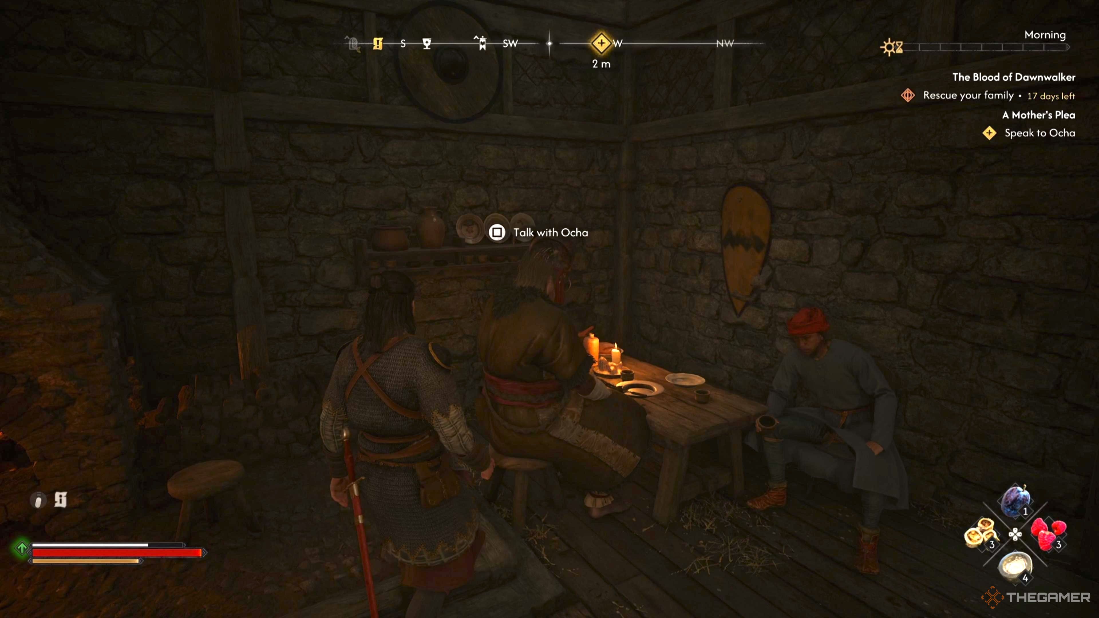 Ocha sitting at a table in a pub in The Blood of Dawnwalker.