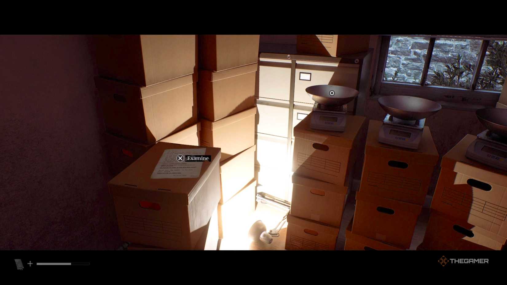 A document and scales sitting on boxes in an office in Silent Hill: Townfall.