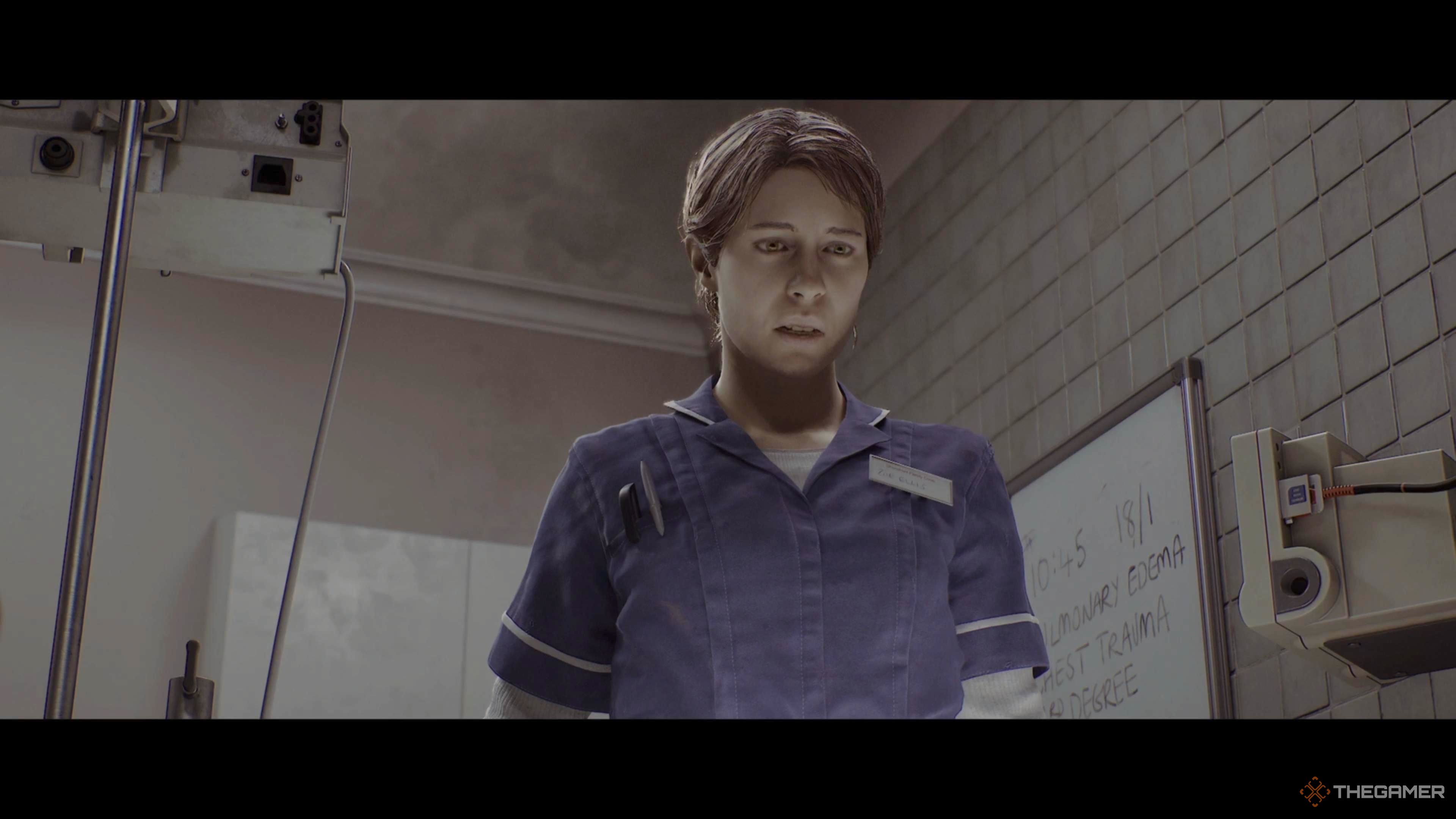 Zoe looking down at a patient in Silent Hill: Townfall.
