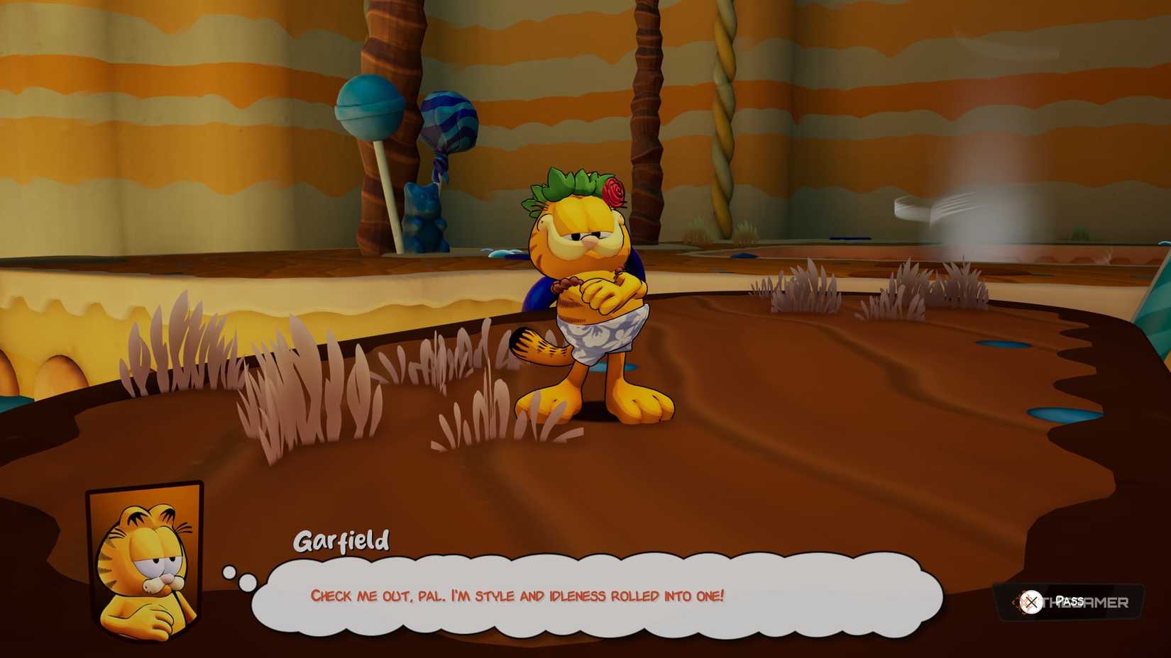 Garfield in his surfer costume in Garfield: Escape From Monday.