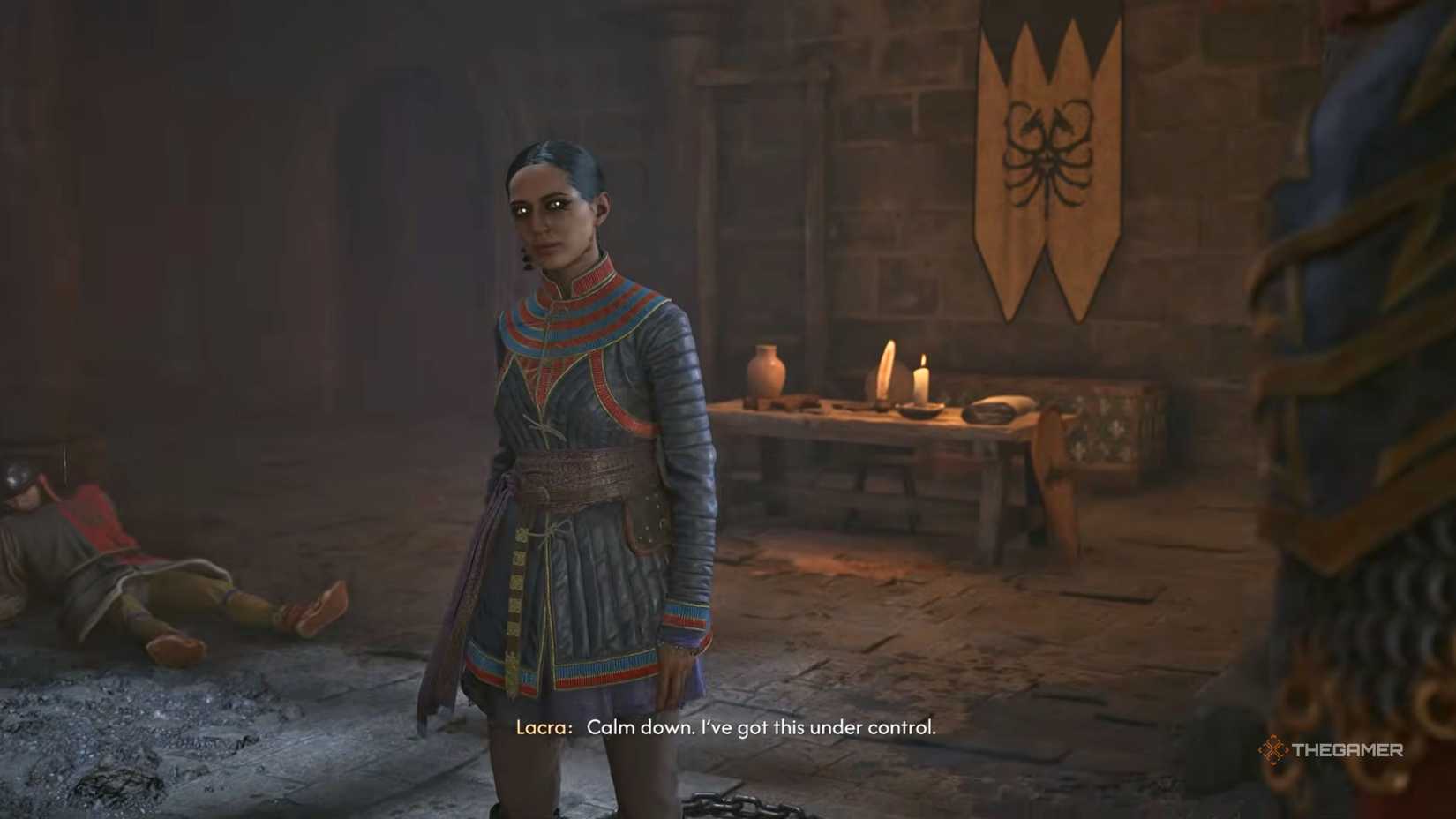 Lacra telling Coen she's got things under control in The Blood of Dawnwalker.