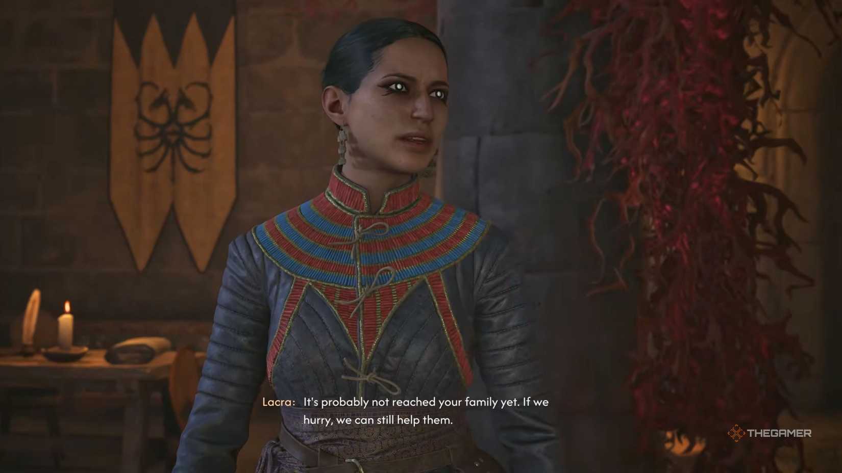 Lacra telling Coen they can still save his family in The Blood of Dawnwalker.