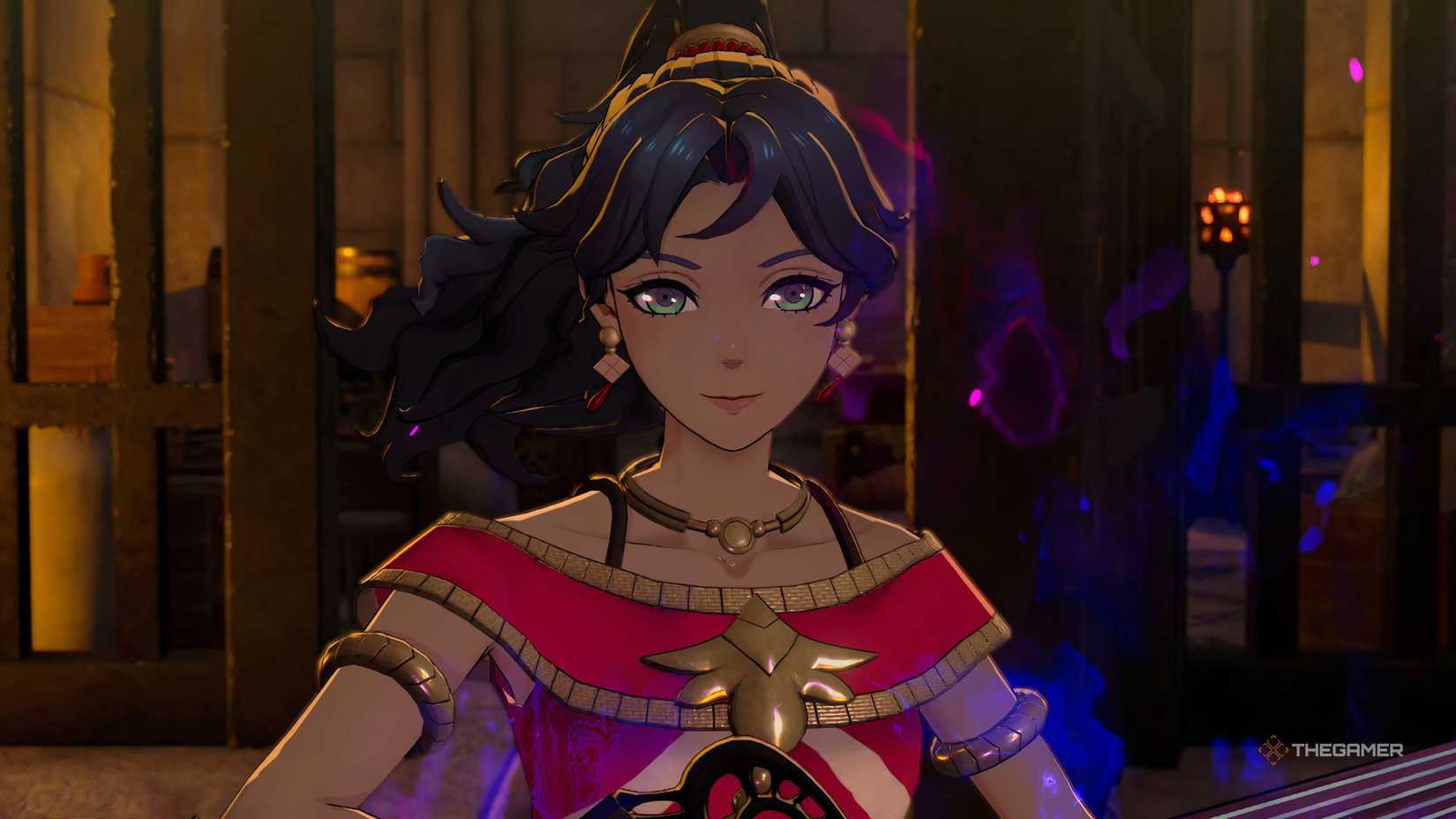 Leda looking serene during a cutscene in Fire Emblem Fortune's Weave.