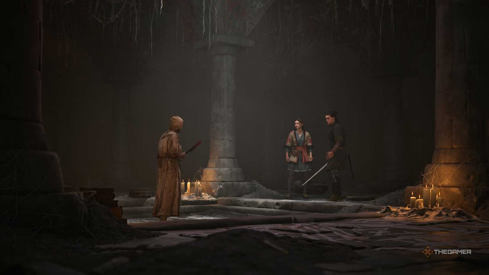 Leonica holding a machete in front of Anca and Coen in The Blood of Dawnwalker.