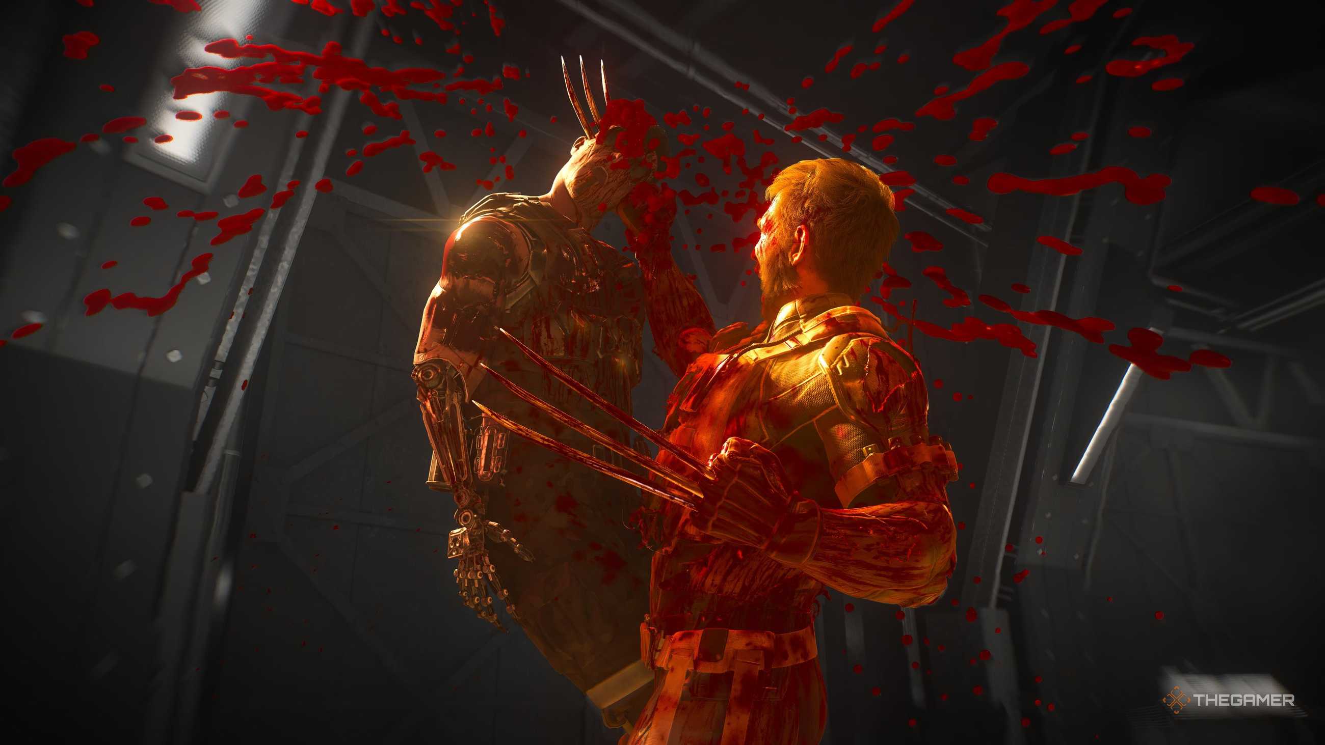 Wolverine stabbing someone through the head in Marvel's Wolverine.
