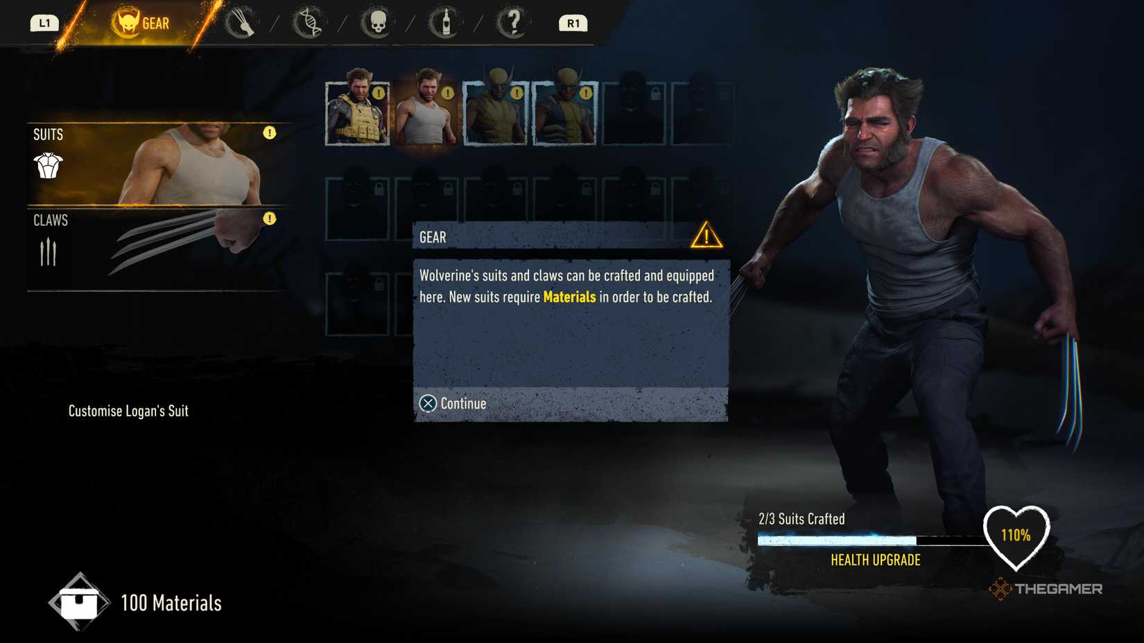 Crafting a Suit in Marvel's Wolverine using Materials.
