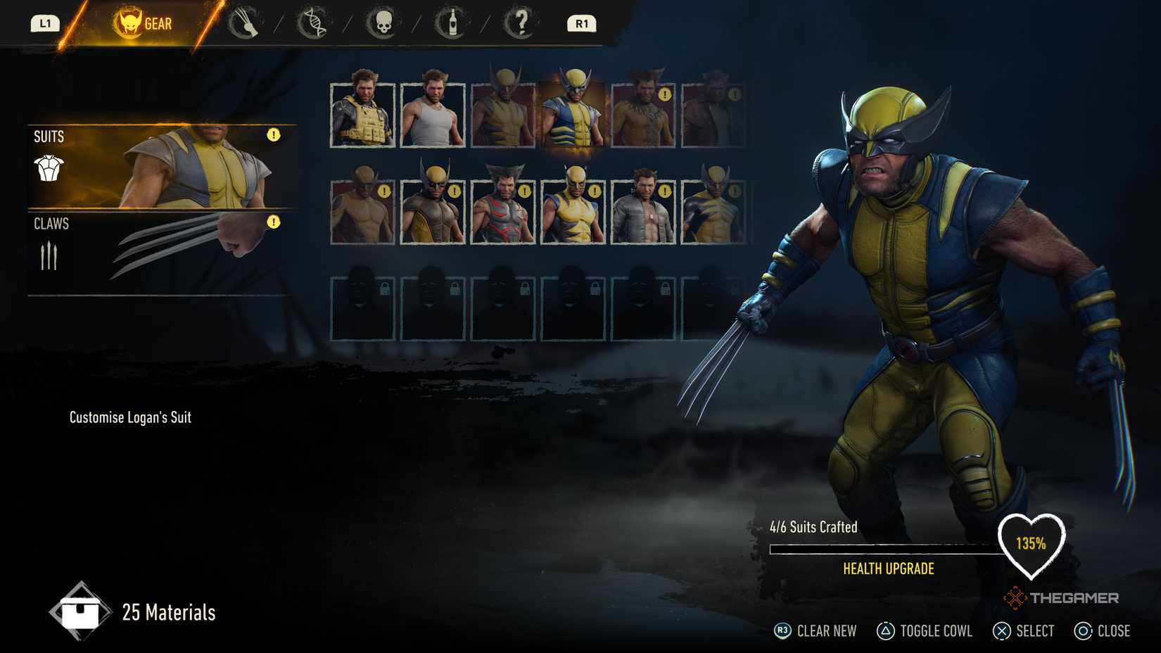 The Suit and Claws menu in Marvel's Wolverine.