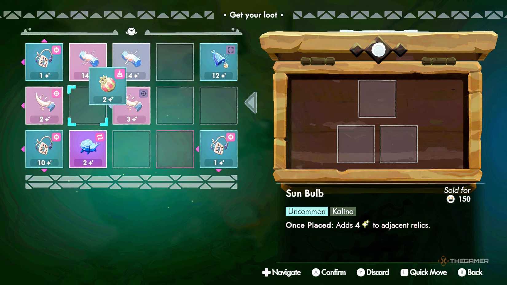 View inside the player's backpack in Moonlighter 2: The Endless Vault showing a cursed relic before it is placed and how it will affect other relics.
