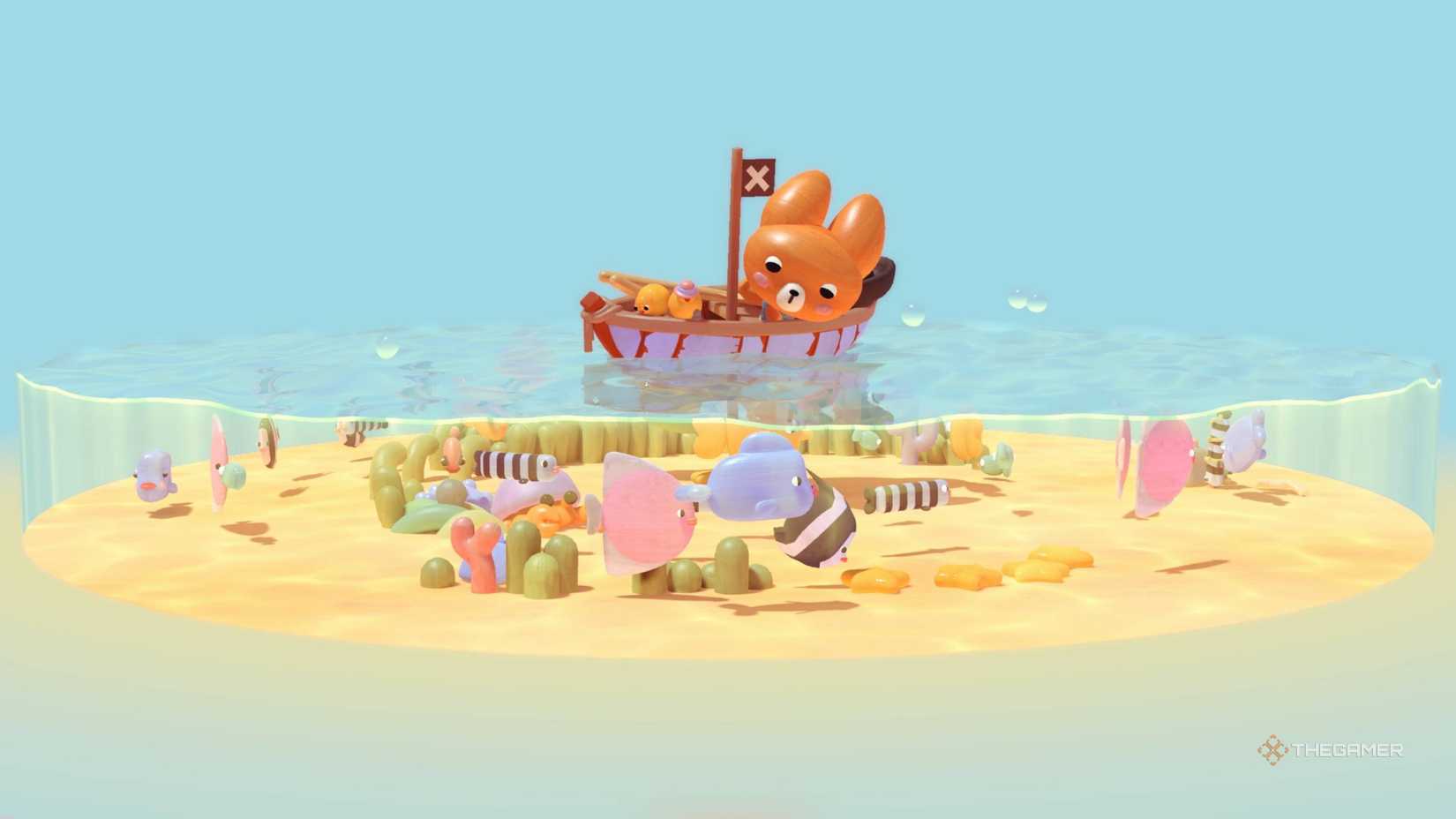 foxy in a boat looking at fish in woodo.