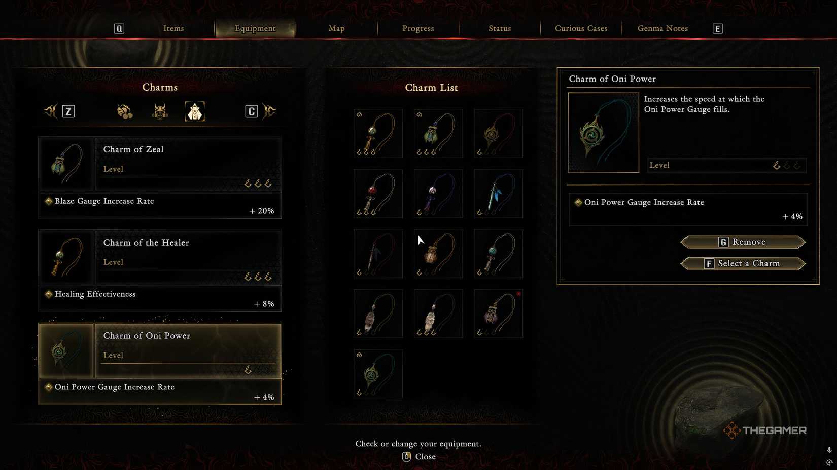 An equipment page from Onimusha Way Of The Sword showing the Charm of Oni Power equipped.