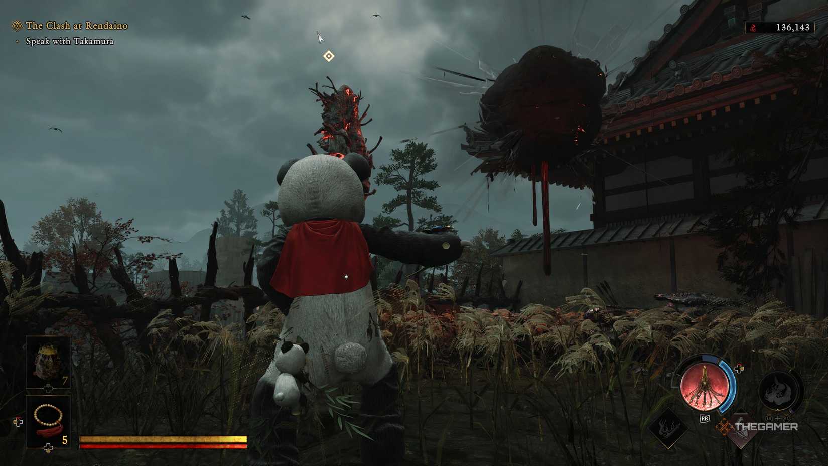 Musashi in a panda costume is approaching a new Genma rift and enemies are coming out of it.