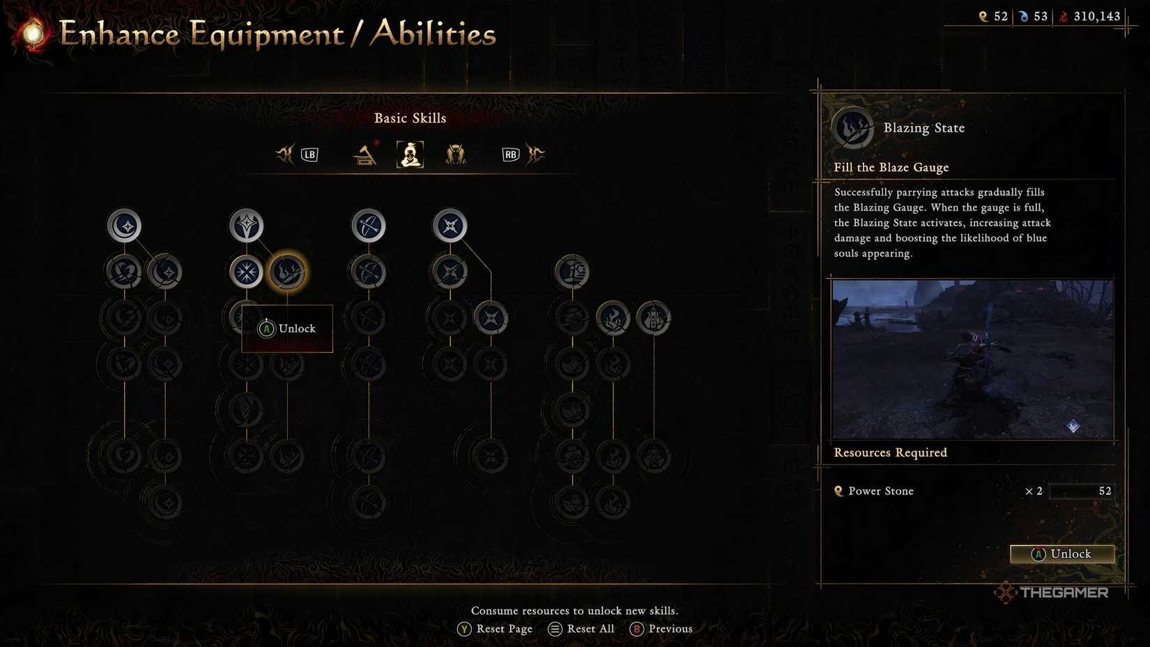 The Basic Skills tree from Onimusha Way Of The Sword showing the Blazing State skill.