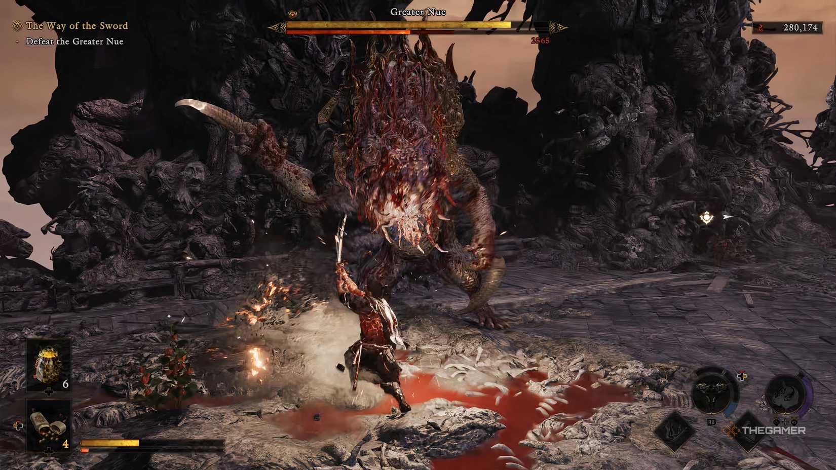 Musashi from Onimusha Way Of The Sword is deflecting the Greater Nue's attack.