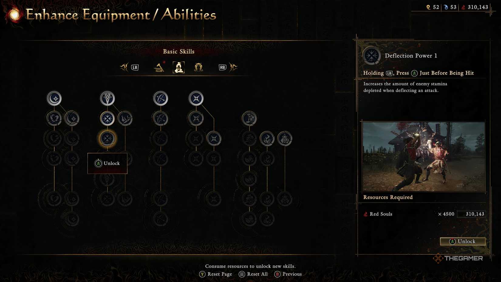 A Basic Skill tree from Onimusha Way Of The Sword showing the Deflection Power 1 skill.