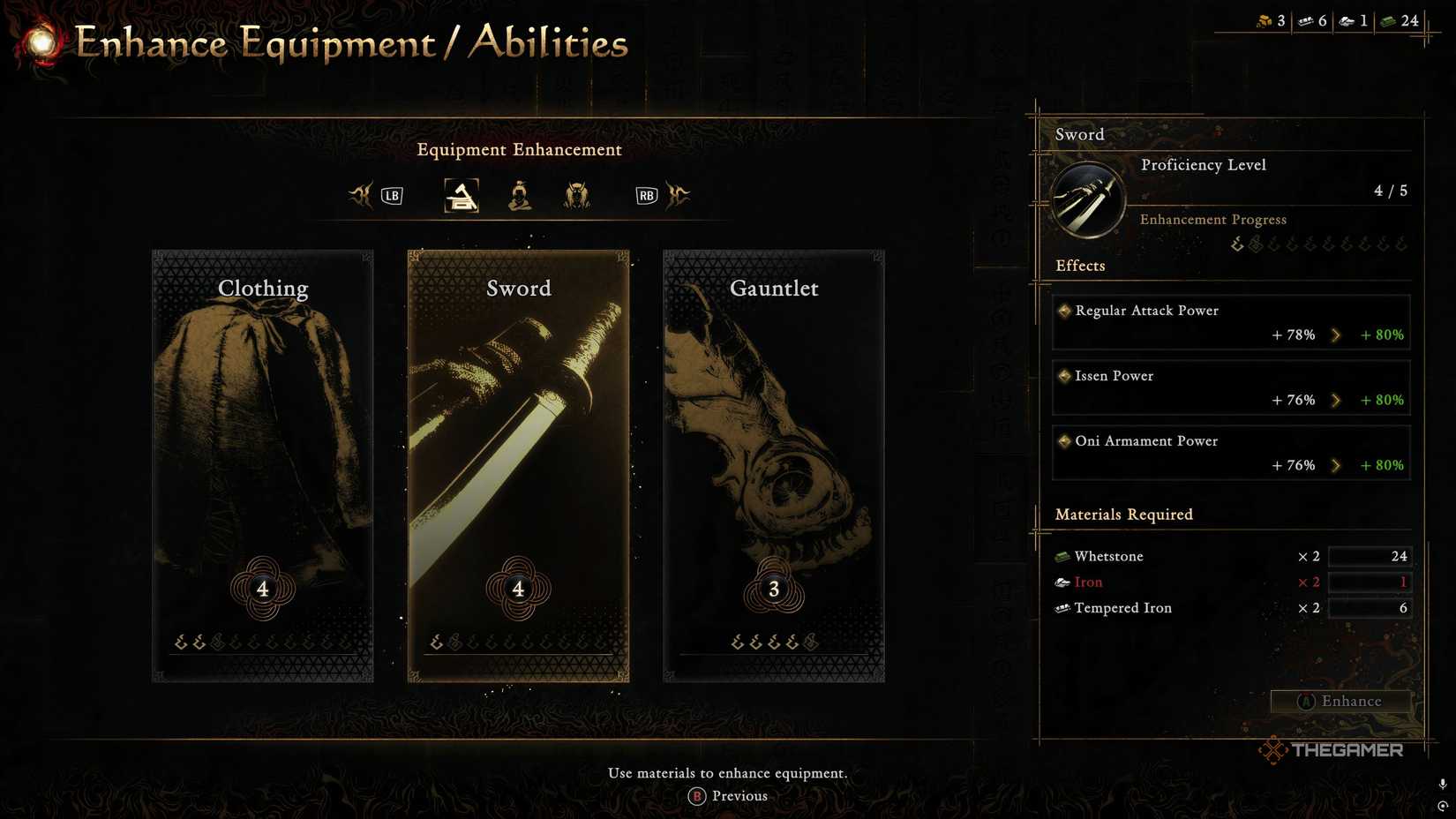 The equipment upgrade screen from Onimusha Way Of The Sword showing the materials needed to upgrade the sword.