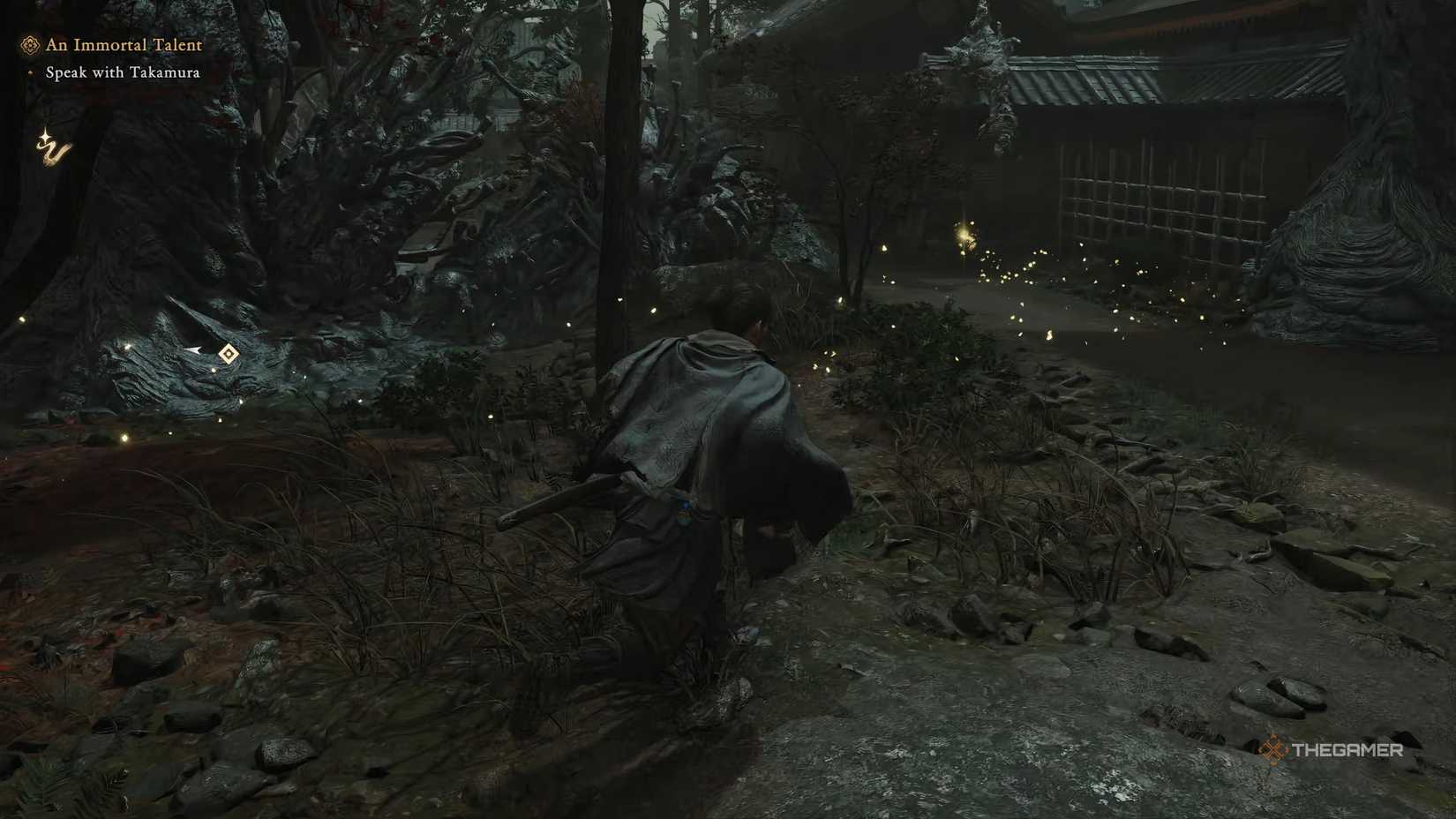Musashi from Onimusha Way Of The Sword is following a glowing light.