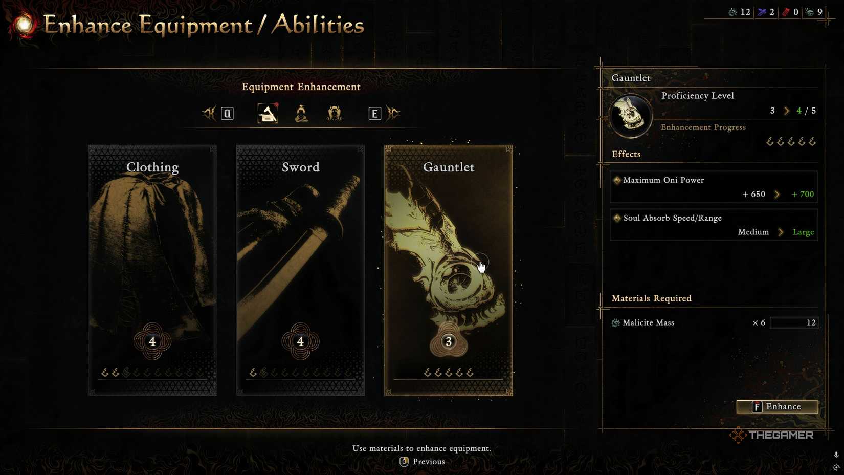 The Equipment Enchantment screen from Onimusha Way Of The Sword showing how much Malicite Mass is needed to upgrade the Gauntlet.