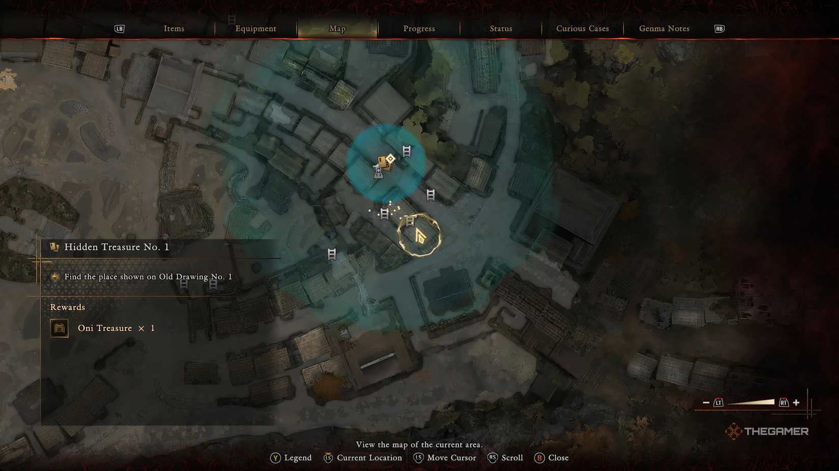 A map of Kyoto from Onimusha Way Of The Sword showing the exact location of Hidden Treasure 1.