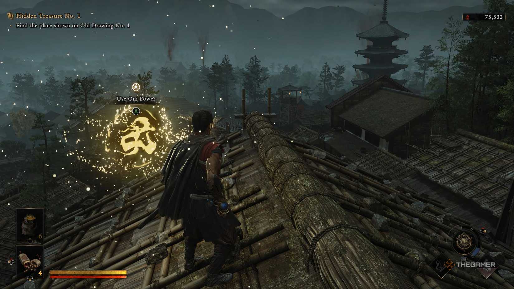 Musashi from Onimusha Way Of The Sword is standing on the roof in front of the Hidden Treasure 1.