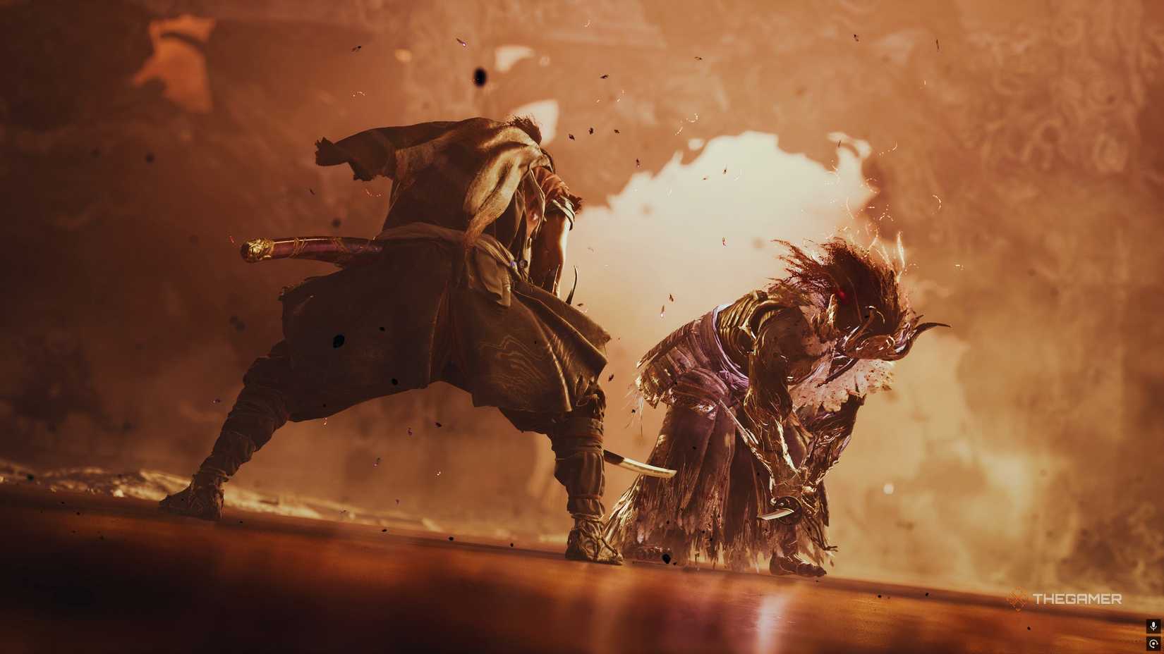 Musashi from Onimusha Way Of The Sword is doing a finishing attack on Yoshitsune.