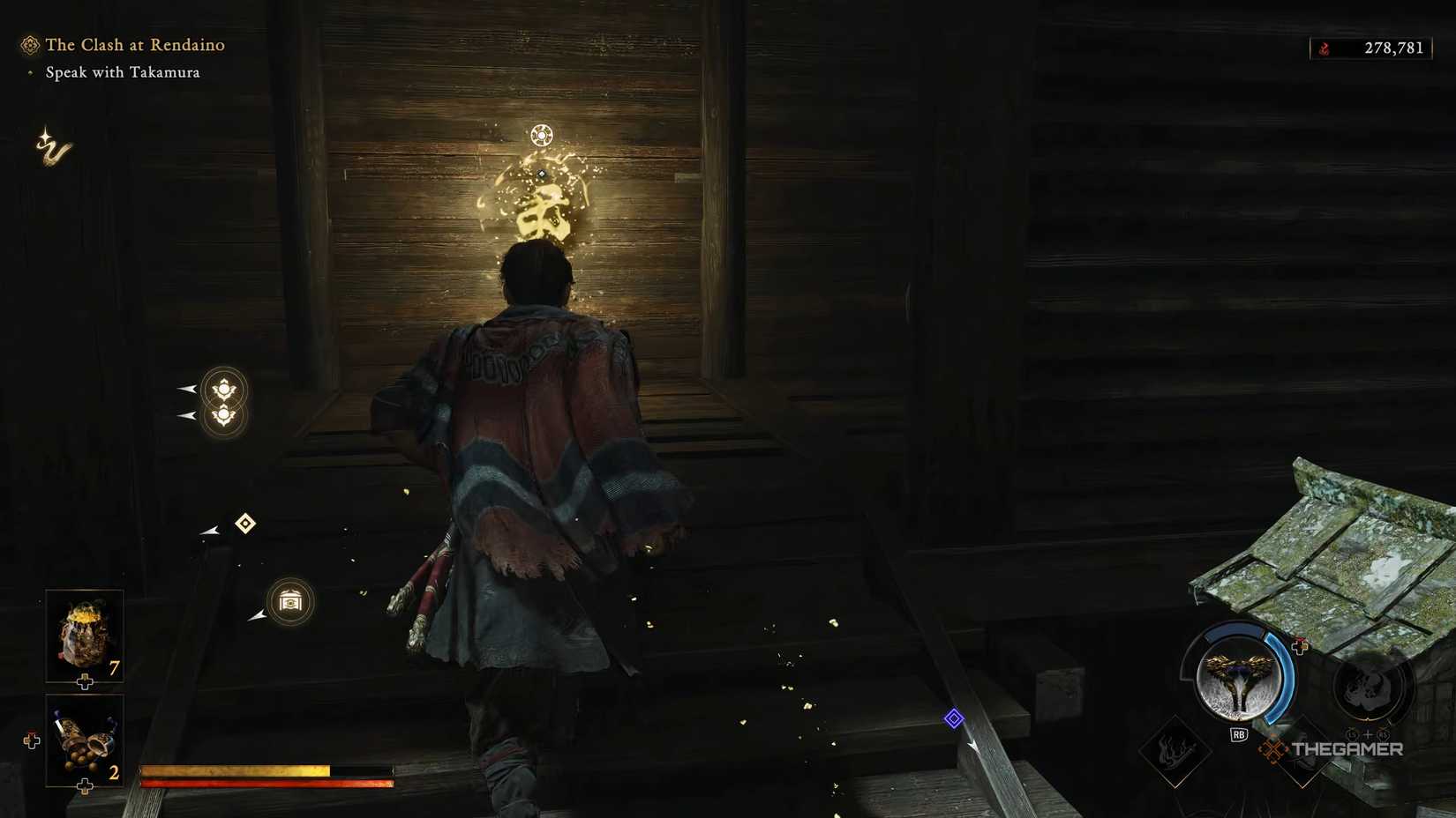 Musashi from Onimusha Way Of The Sword is using Oni Vision to mark treasure chests nearby.