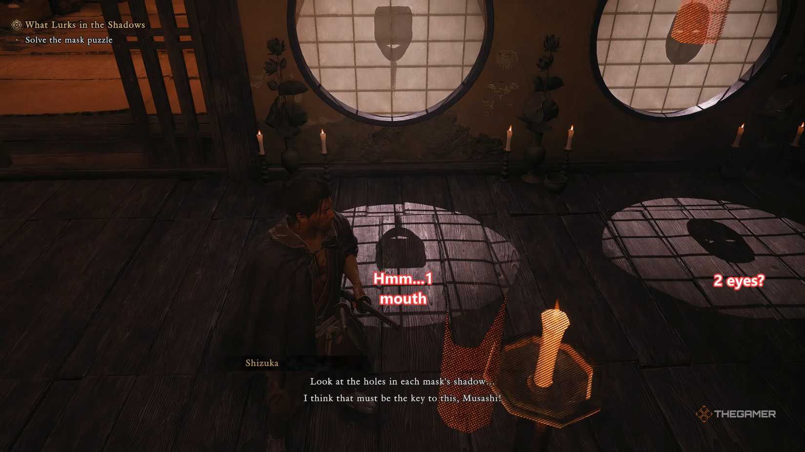 Musashi from Onimusha Way Of The Sword is looking at the shadows of the masks outside the mask puzzle room.