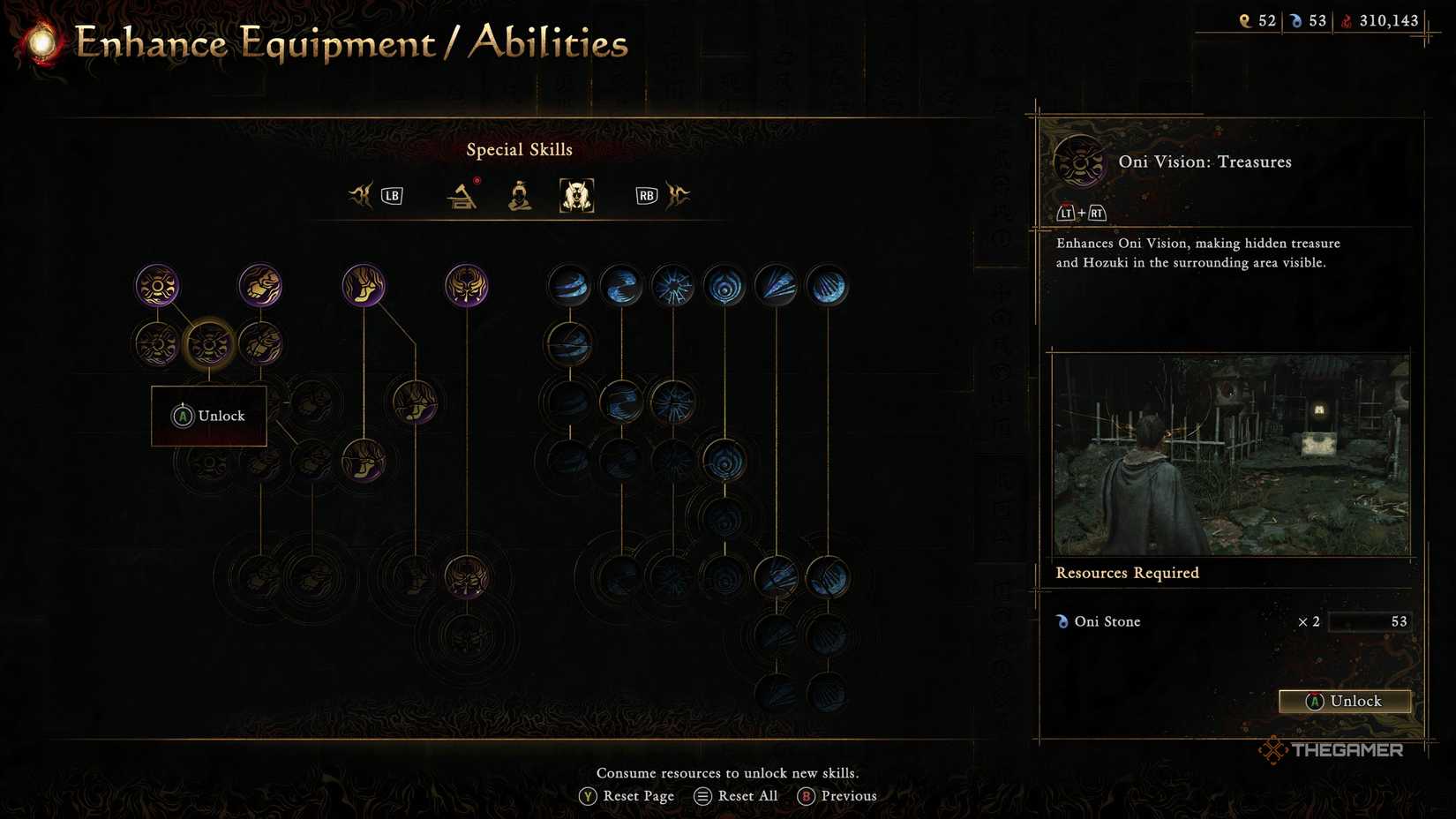 The Special Skill tree from Onimusha Way Of The Sword showing the Oni Vision Treasures skill.