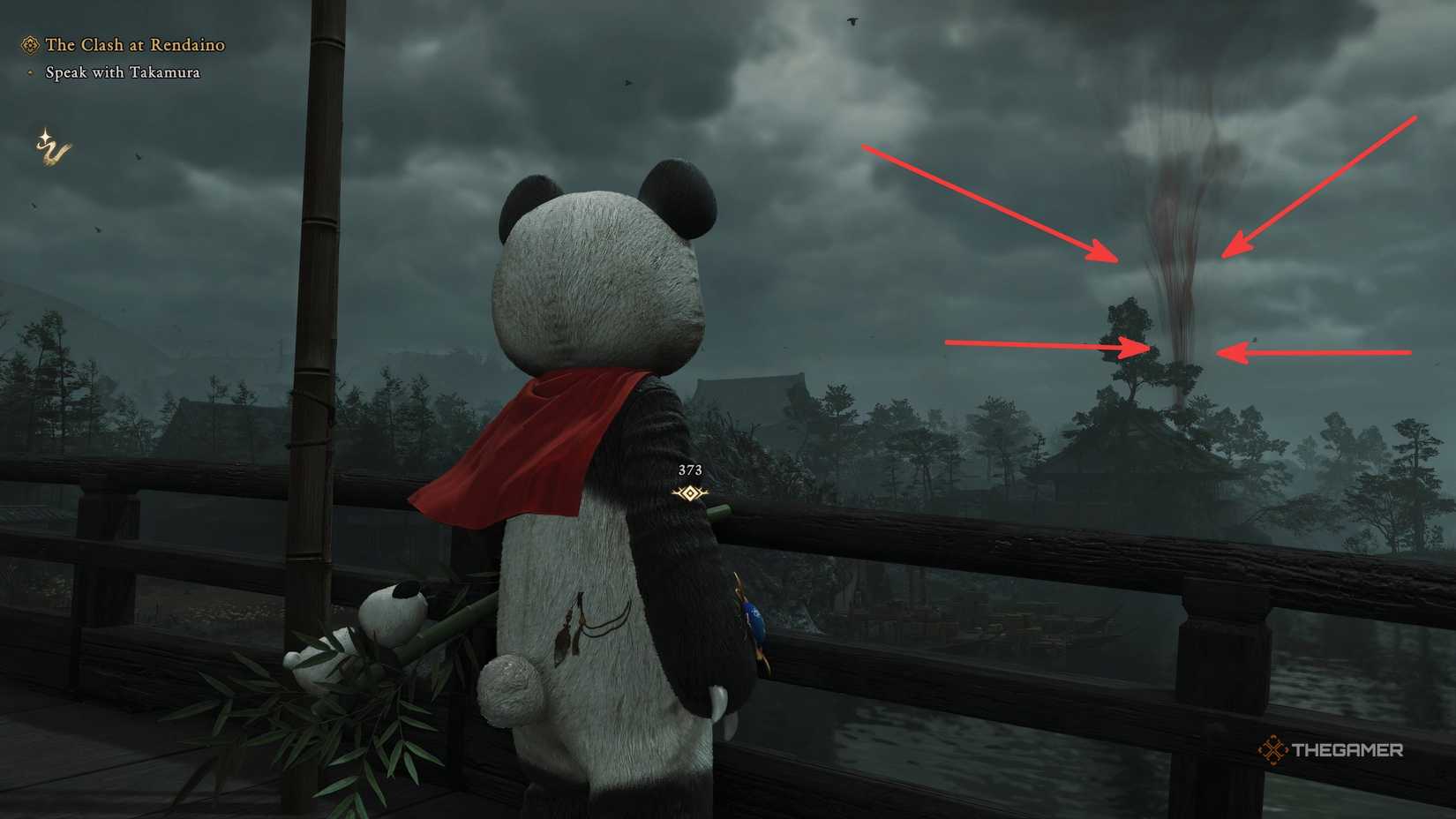 Musashi in a panda suit is looking at the smoke signal in the distance and red arrows are pointing at it.