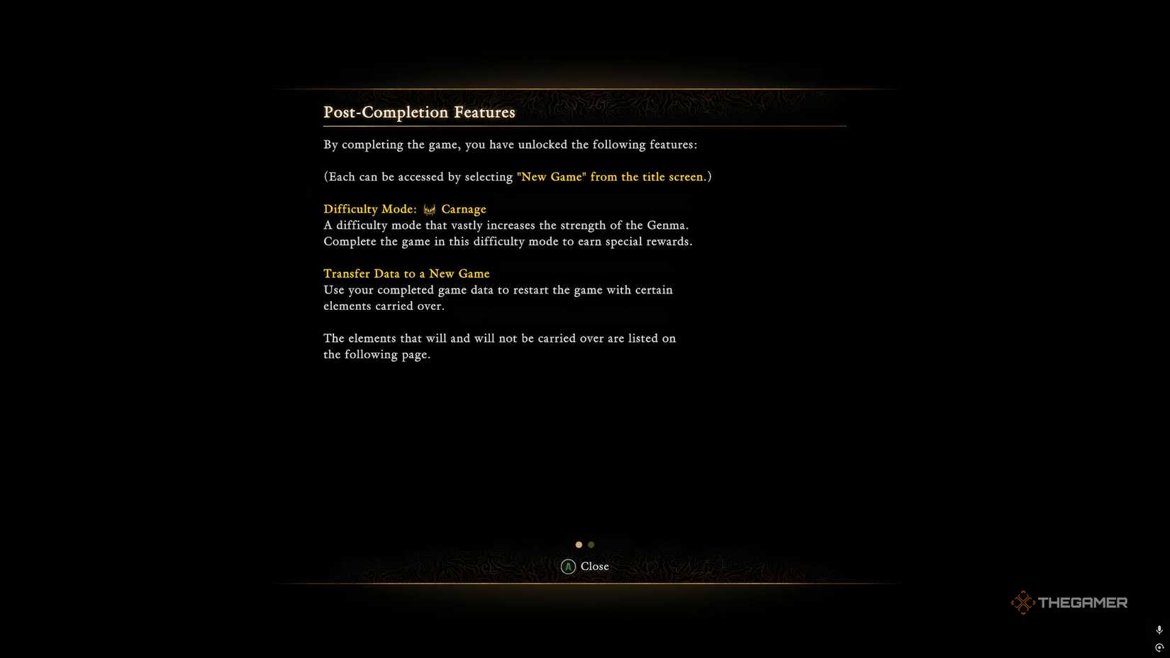 The post completion screen from Onimusha Way Of The Sword which shows what the player gets for completing the game.