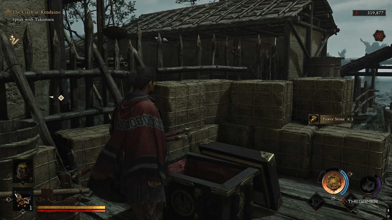 Musashi from Onimusha Way Of The Sword is standing in front of an opened chest and there is an indication that says that he collected a Power Stone.