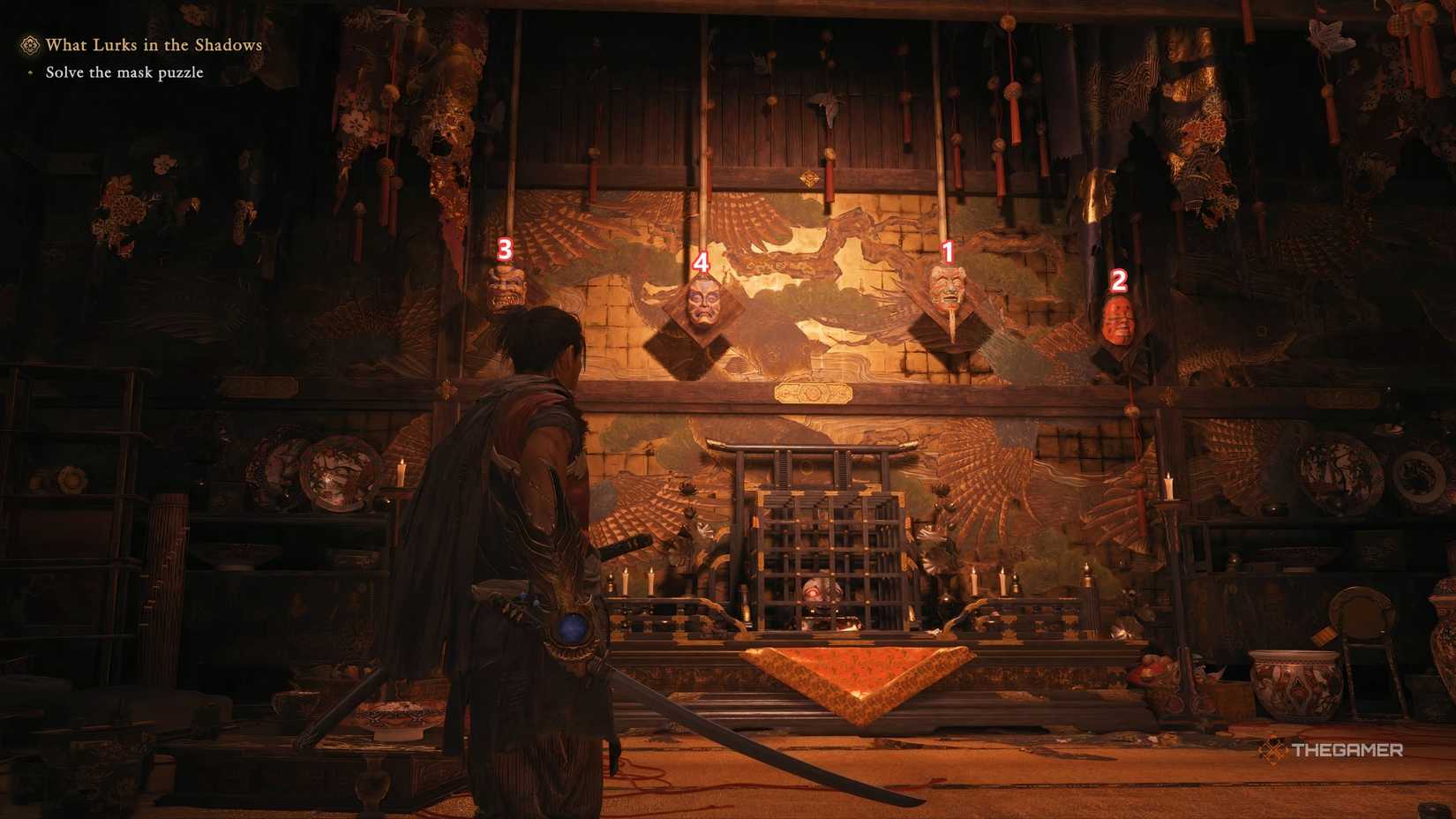 Musashi from Onimusha Way Of The Sword is looking at the mask puzzle and trying to figure out the solution.
