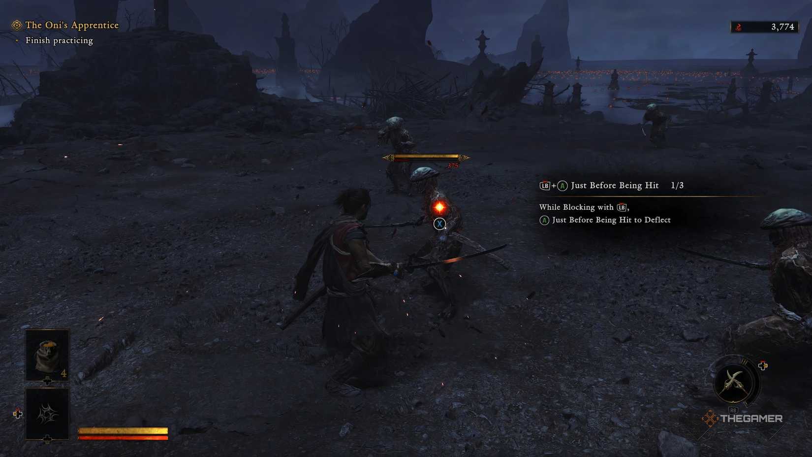Musashi from Onimusha Way Of The Sword is fighting in the training arena and learning how to deflect attacks.